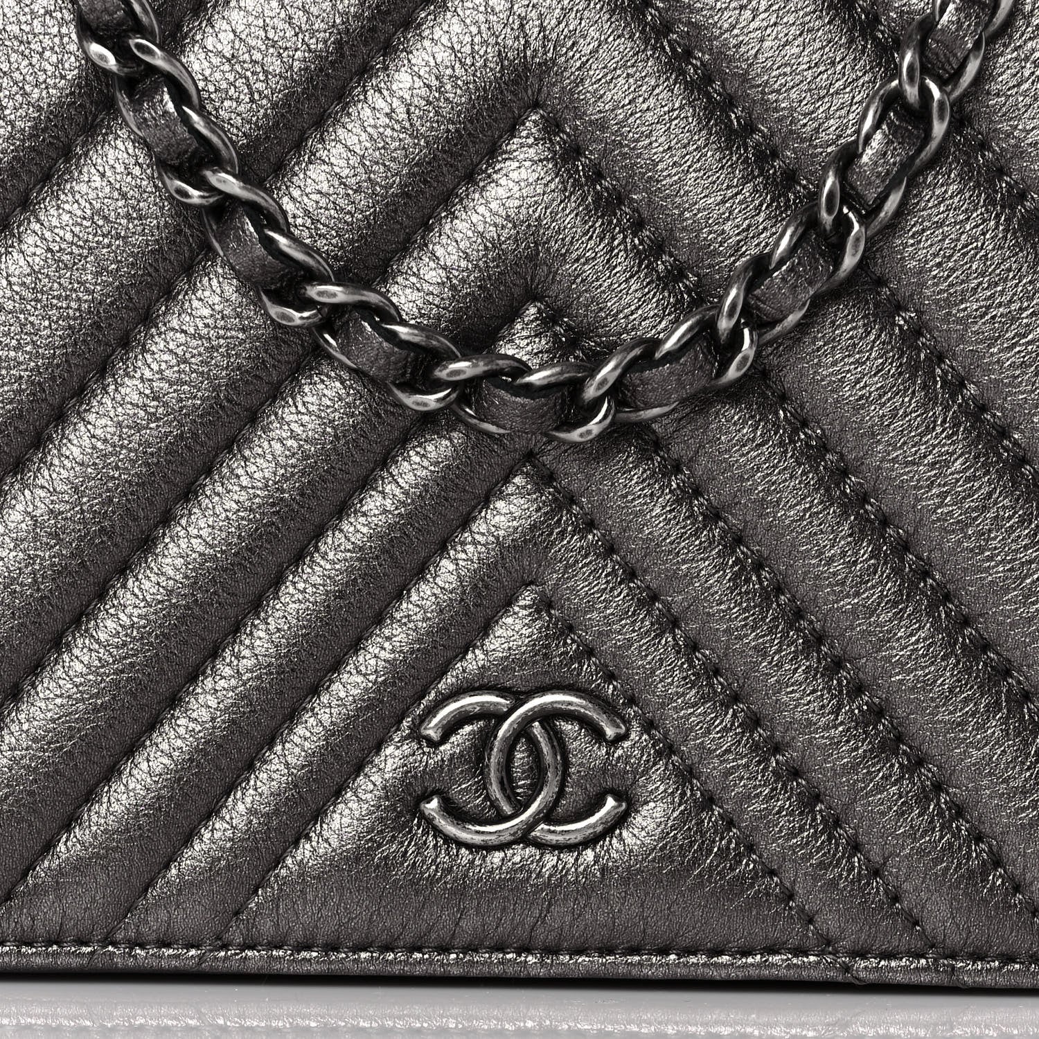 Chanel Metallic Calfskin Chevron Quilted Wallet On Chain WOC Dark Silver 10 of 11