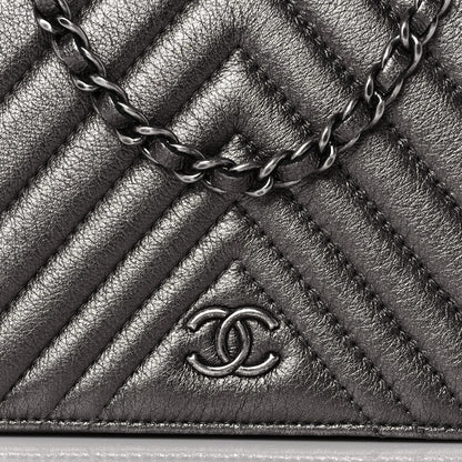 Chanel Metallic Calfskin Chevron Quilted Wallet On Chain WOC Dark Silver 10 of 11
