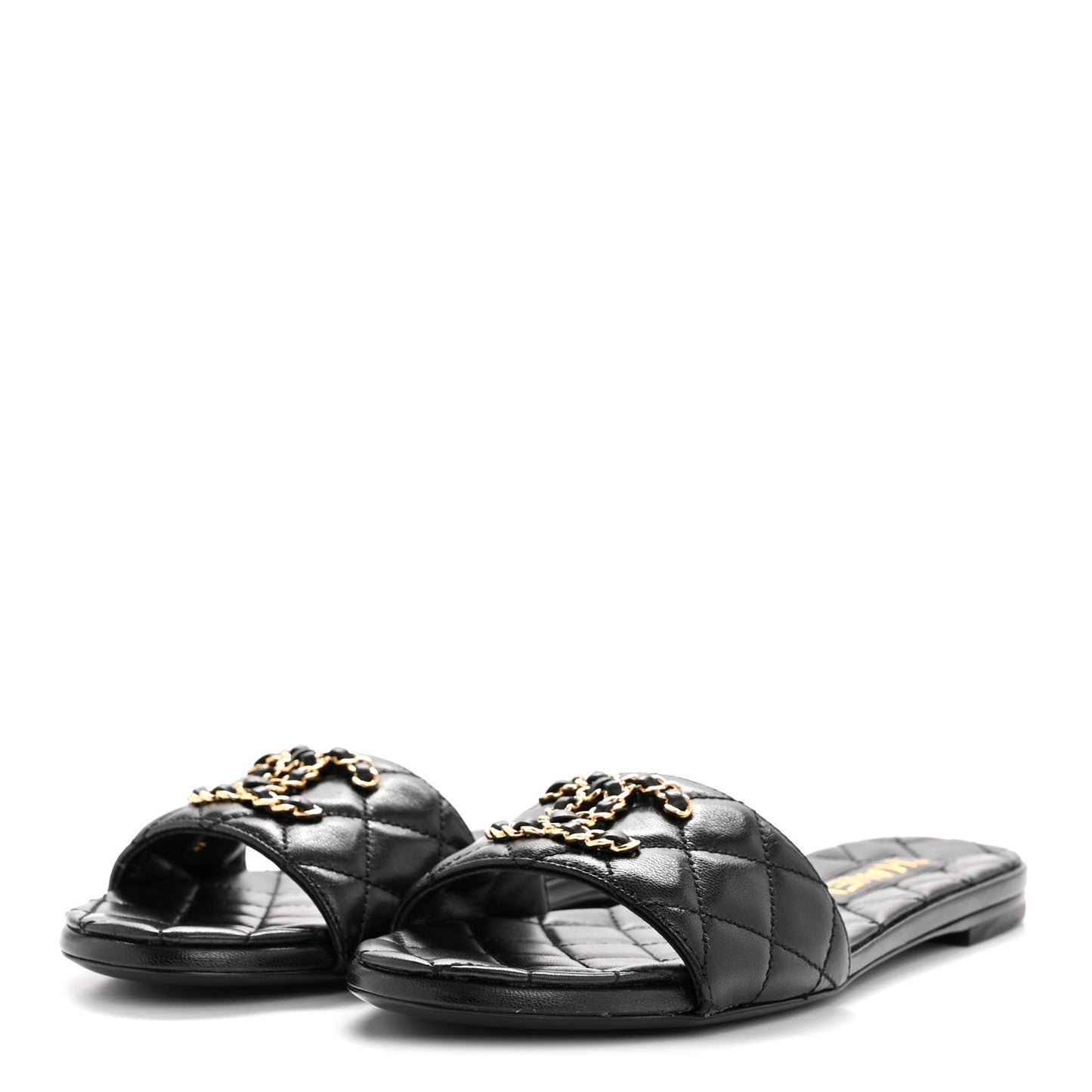 Shiny Goatskin Quilted CC Mules Sandals 36.5 Black