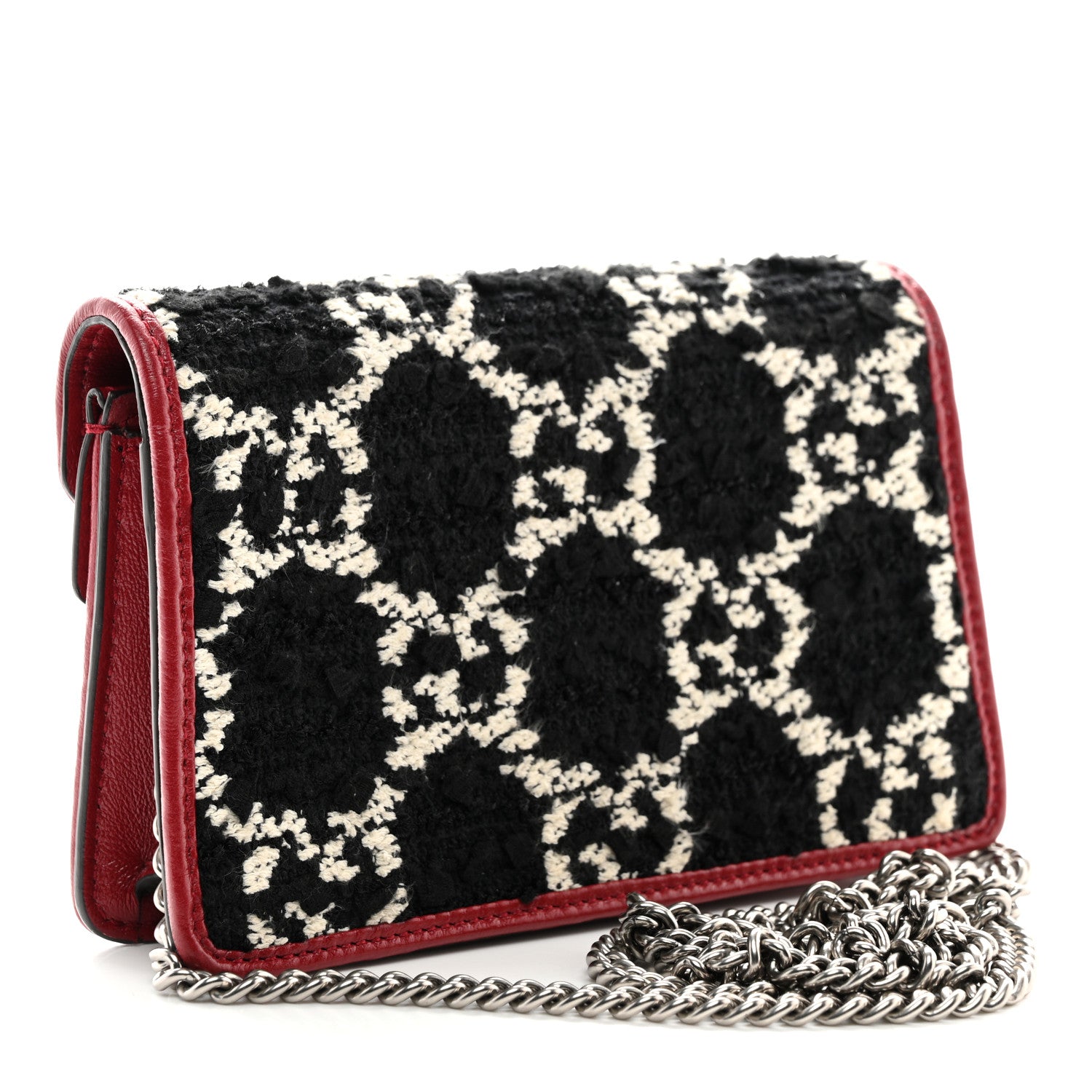 Gucci Tweed GG Monogram Super Mini Dionysus Shoulder Bag Black White Romantic Cherry 3 of 10