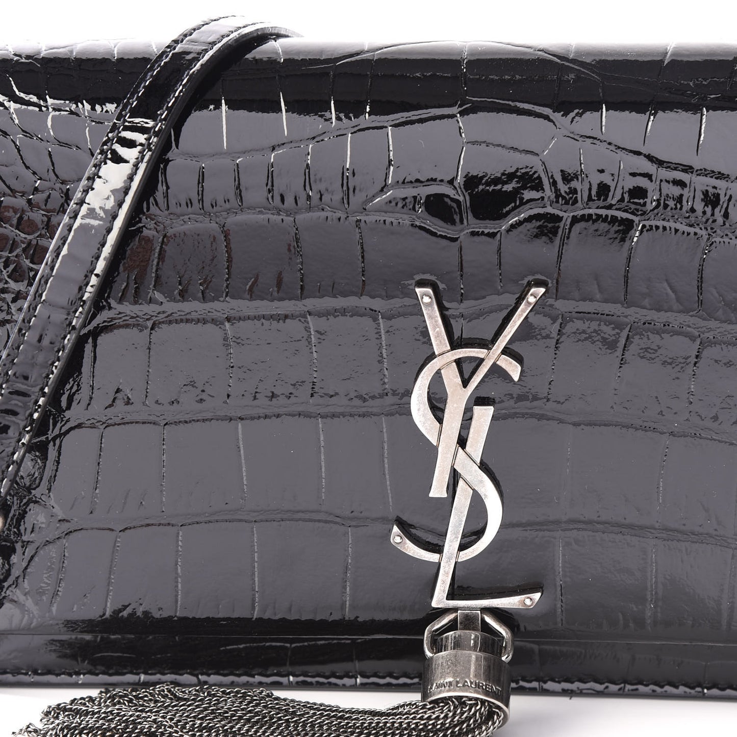 Calfskin Crocodile Embossed Kate Monogram Tassel Chain Wallet Black