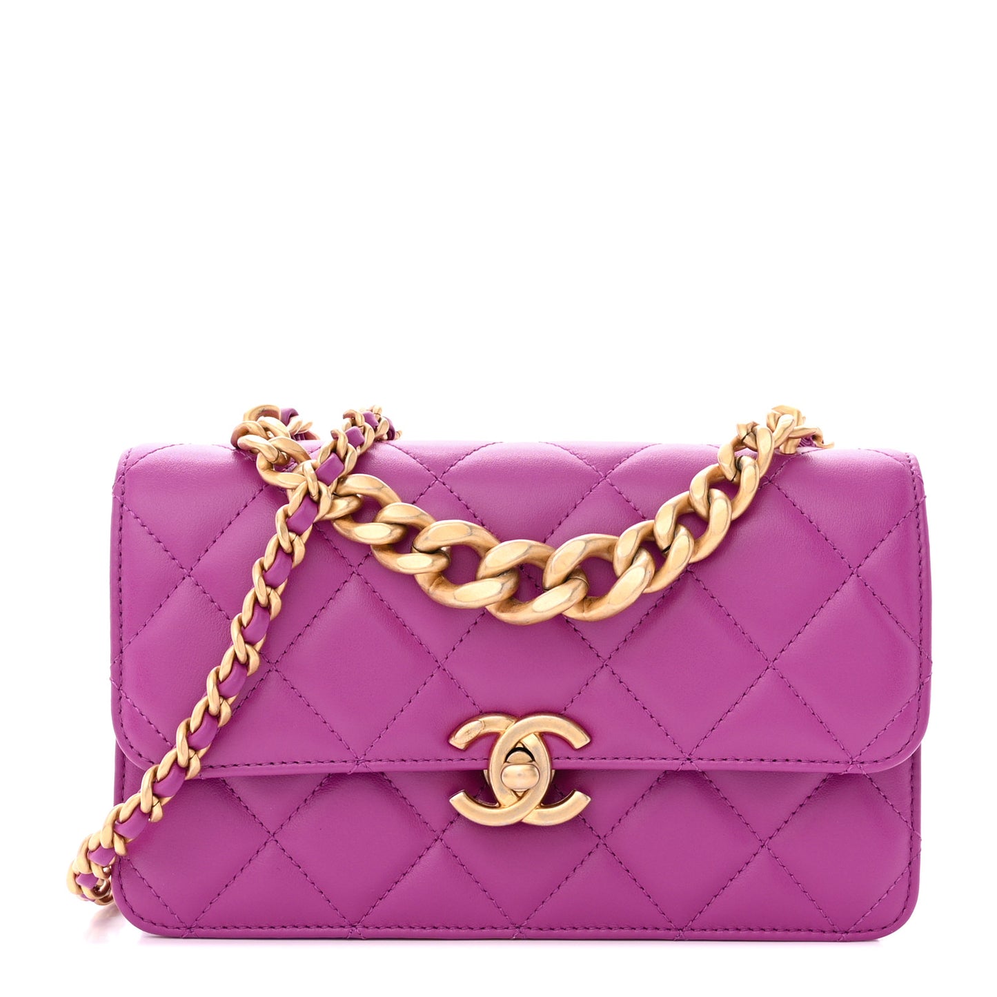 Calfskin Quilted Mini Dual Handle Chain Flap Bag Purple