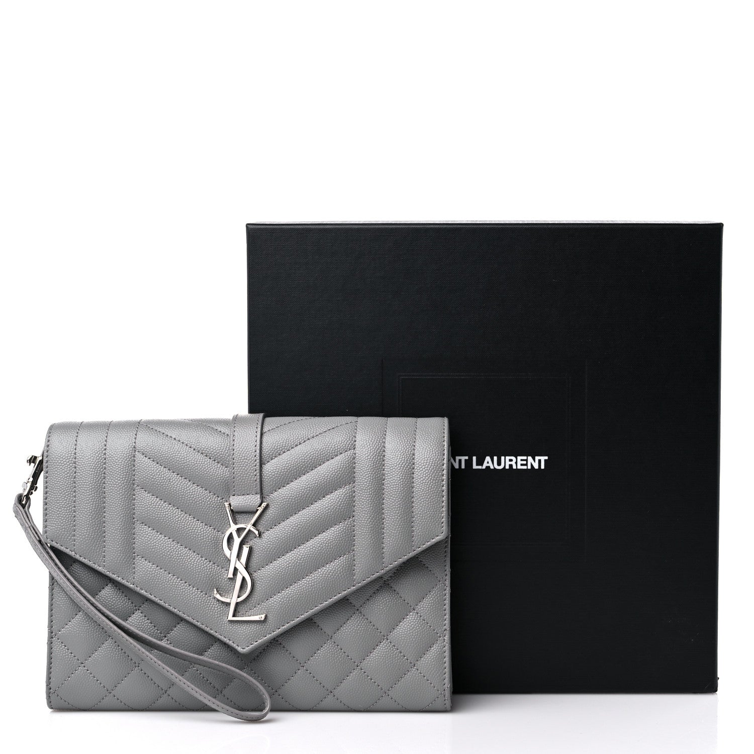Saint Laurent Grain De Poudre Textured Mixed Matelasse Triquilt Monogram Clutch Storm 10 of 10