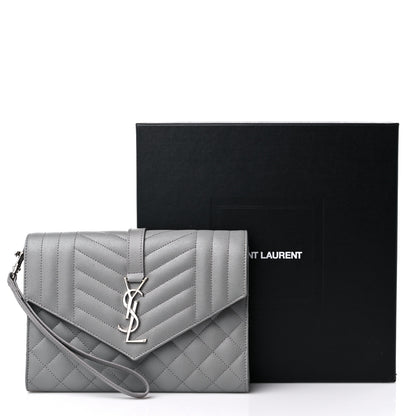 Saint Laurent Grain De Poudre Textured Mixed Matelasse Triquilt Monogram Clutch Storm 10 of 10