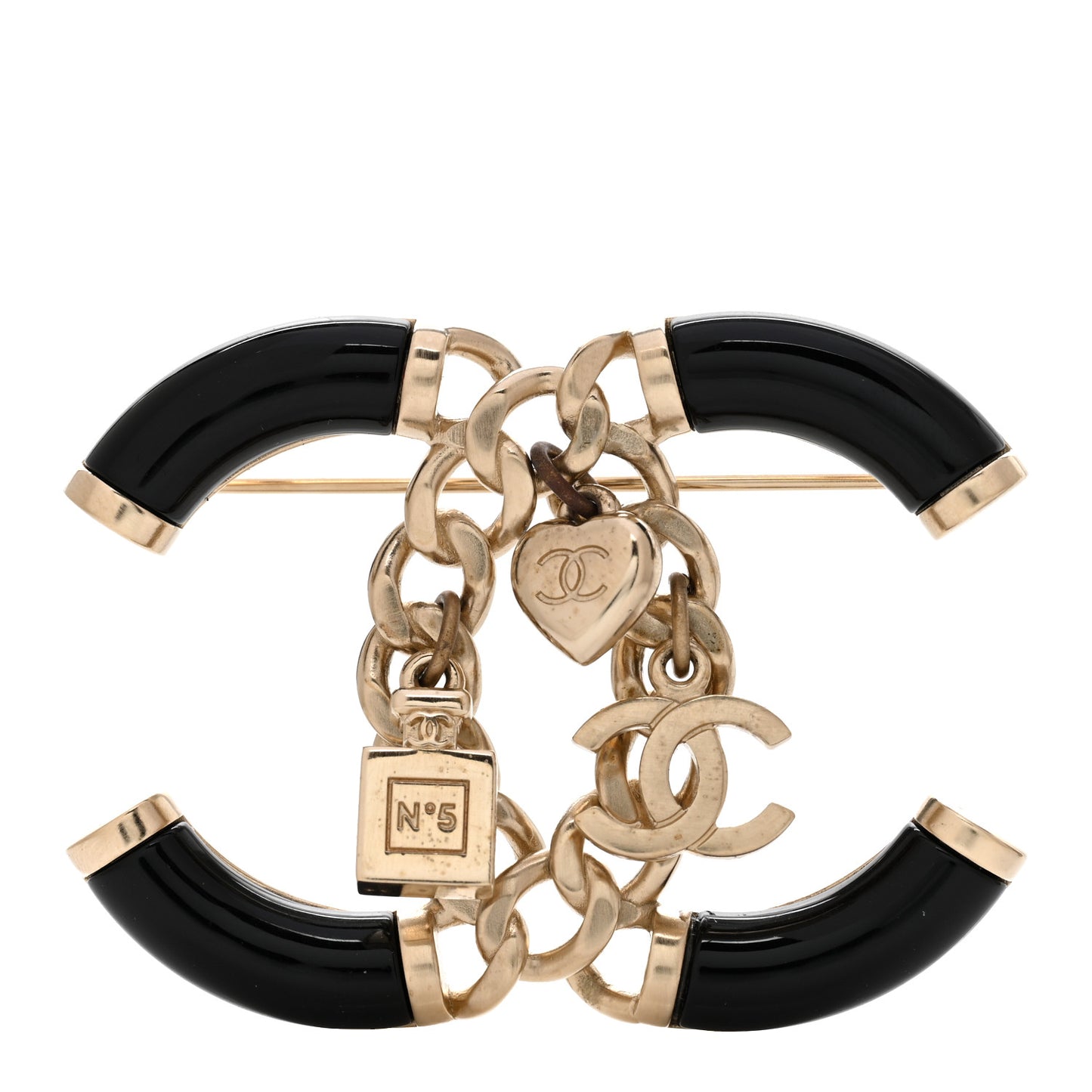Resin Enamel Chain CC Charm Brooch Black Gold