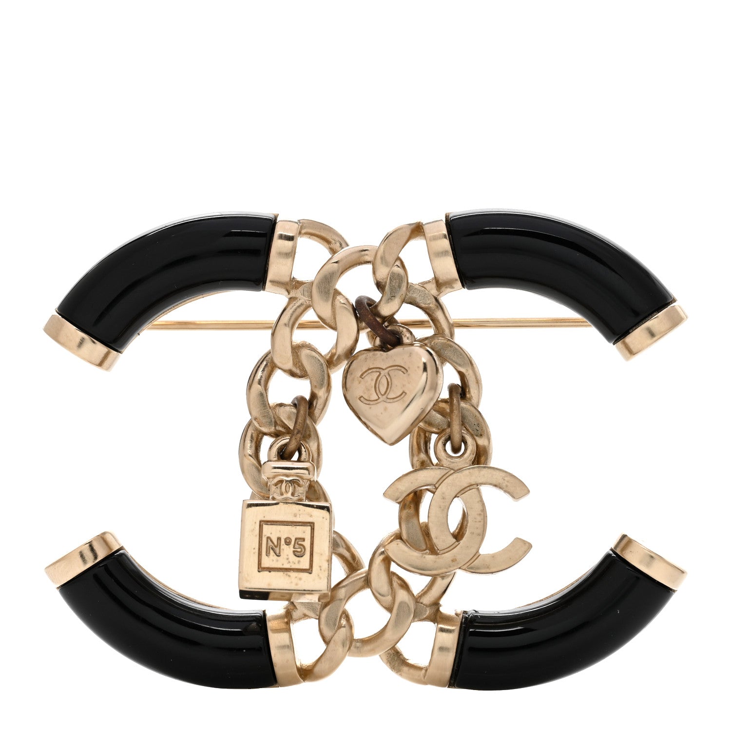Chanel Resin Enamel Chain CC Charm Brooch Black Gold 1 of 4