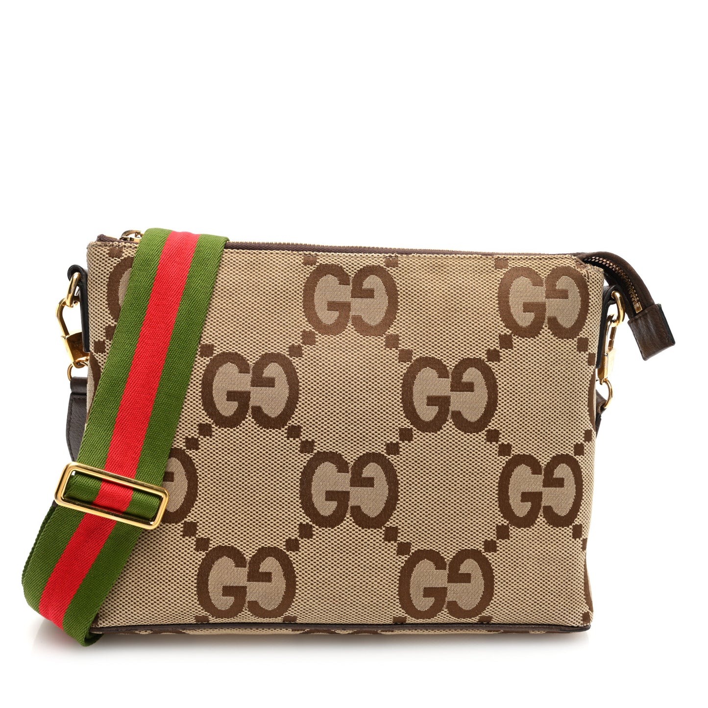 Monogram Jumbo GG Textured Dollar Calfskin Web Wristlet Messenger Bag Camel Ebony New Acero