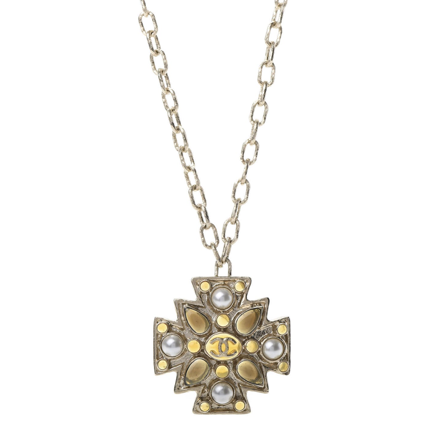 Poured Glass Pearl CC Pendant Necklace in Gold Pearly White