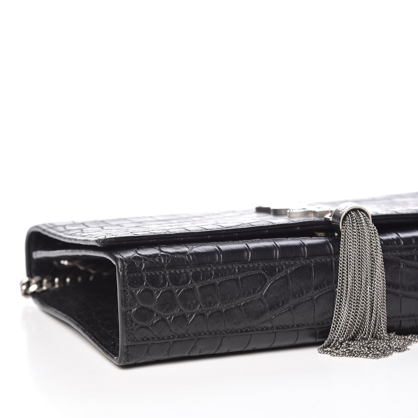 Calfskin Crocodile Embossed Medium Classic Monogram Kate Tassel Satchel Black