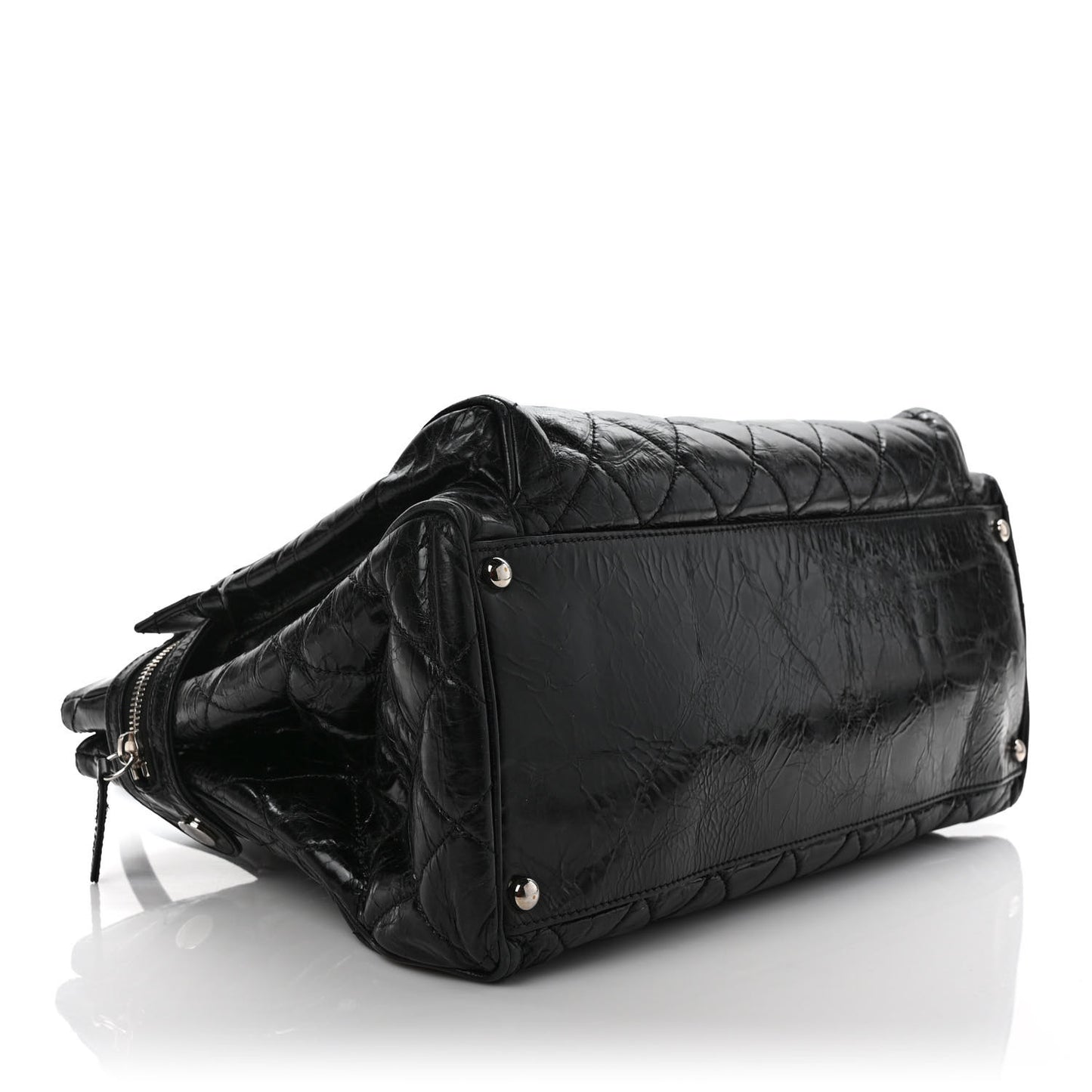 Glazed Calfskin Quilted Large New Portobello Tote Black