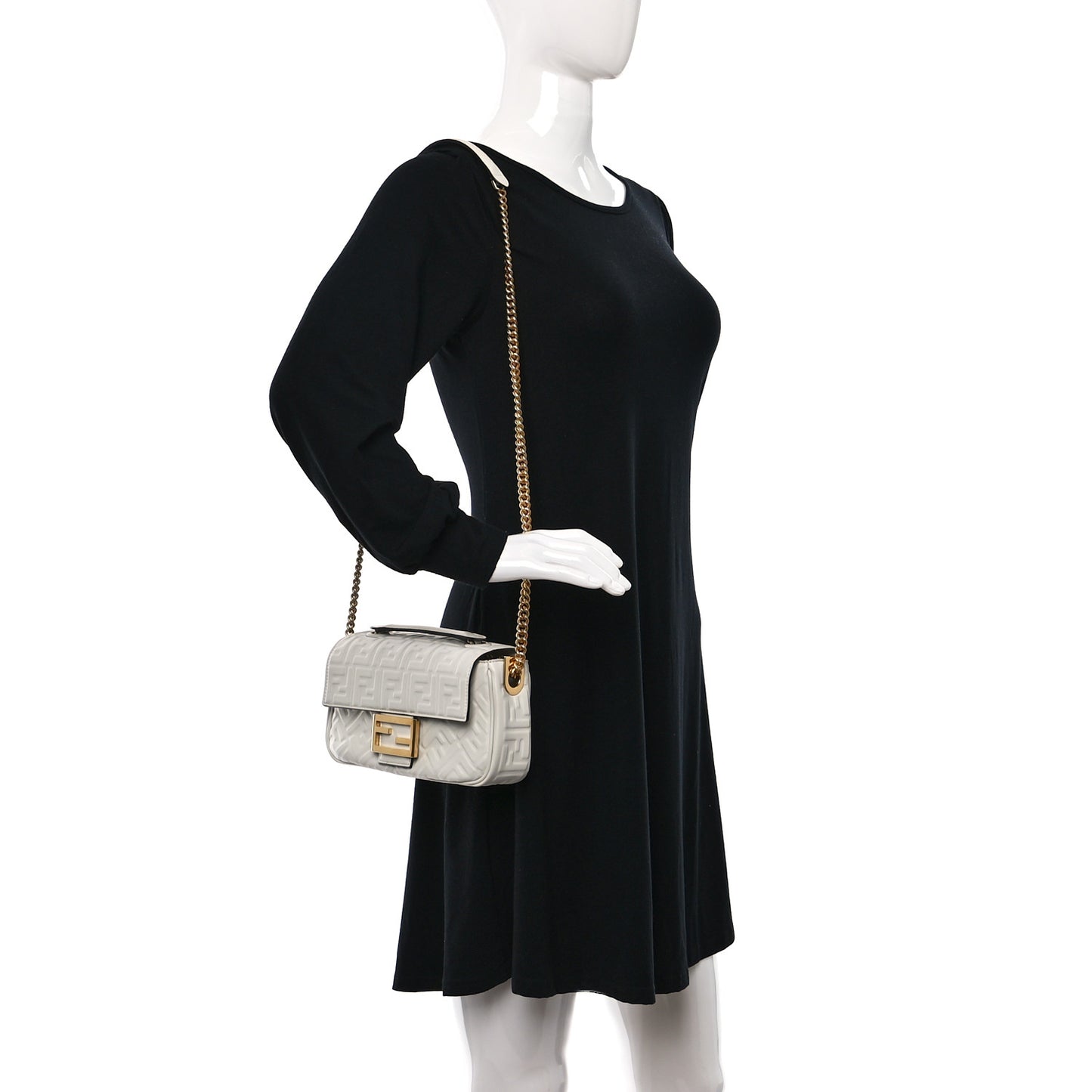 Nappa Small FF Embossed Midi Chain Baguette White