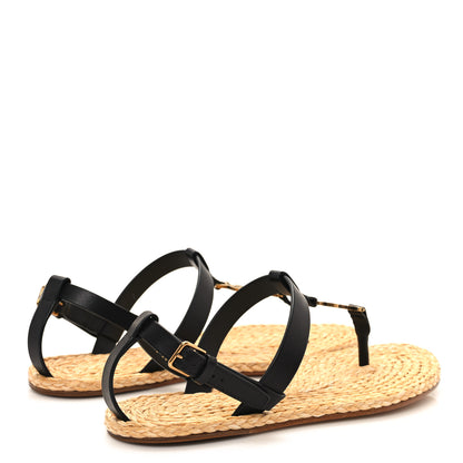 Saint Laurent Calfskin Raffia Cassandra Monogram Sandals 38.5 Black 5 of 9