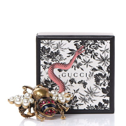 Gucci Metal Enamel Crystal Pearl Bee Ring M Aged Gold 6 of 6