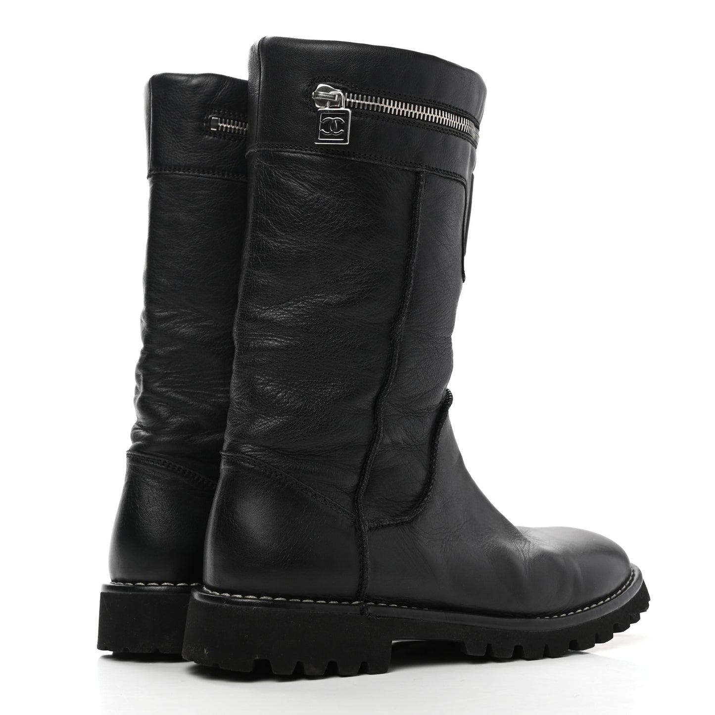 Calfskin Motorcycle Zipper Boots 38.5 Black
