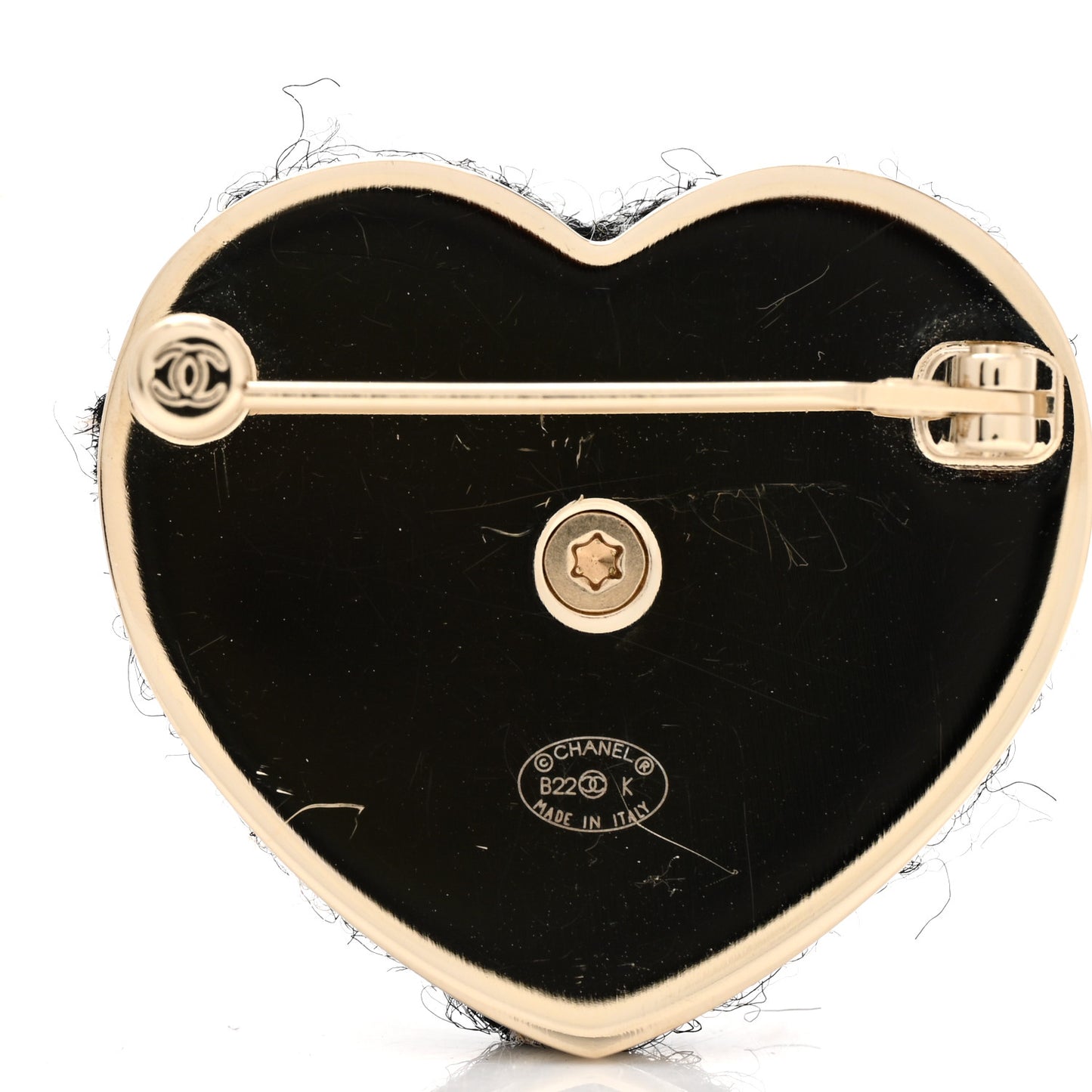 Tweed CC Heart Brooch Ivory Black Gold