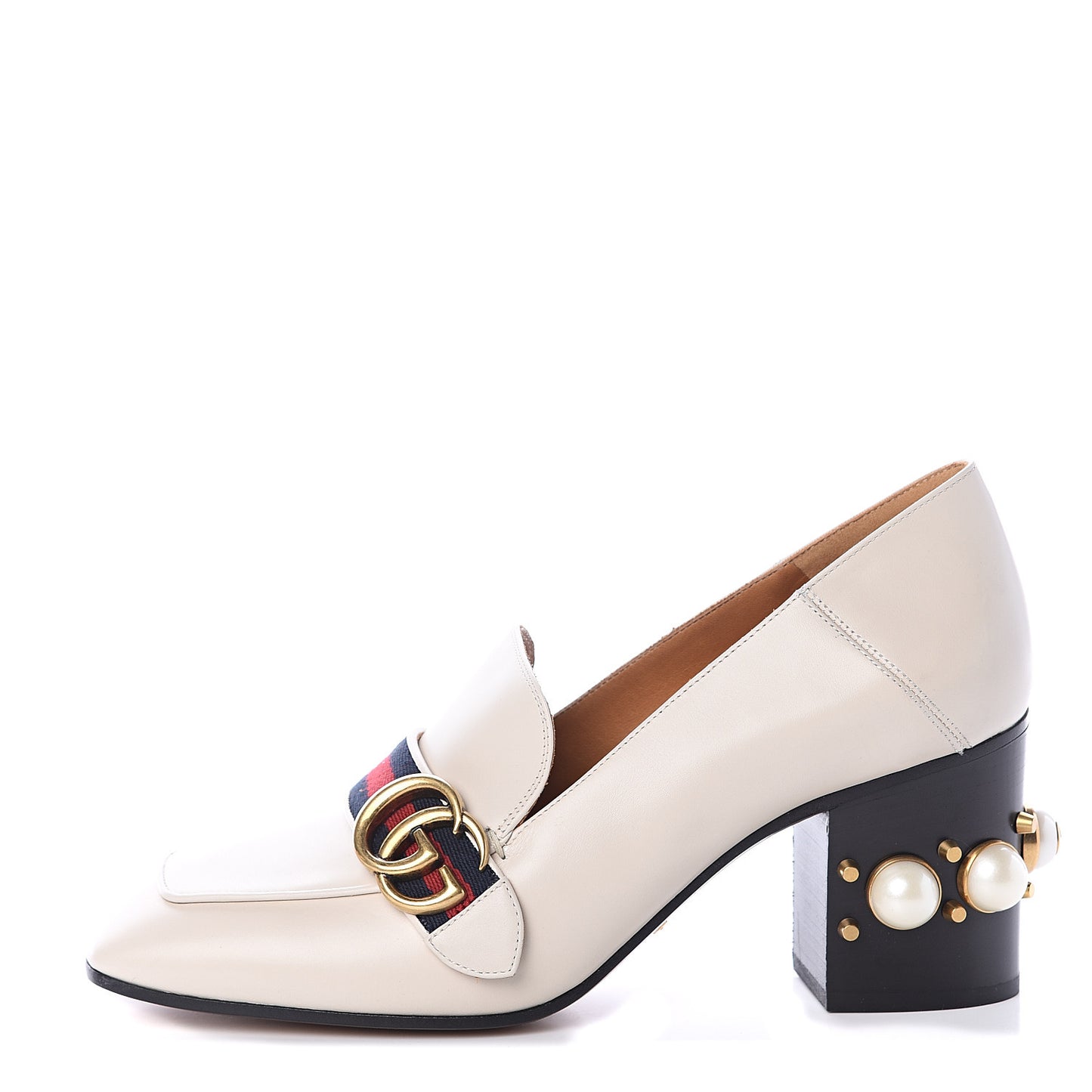 Betis Glamour Calfskin Web Pearl Embellished Peyton 75mm Loafer Pumps 39.5 Mystic White