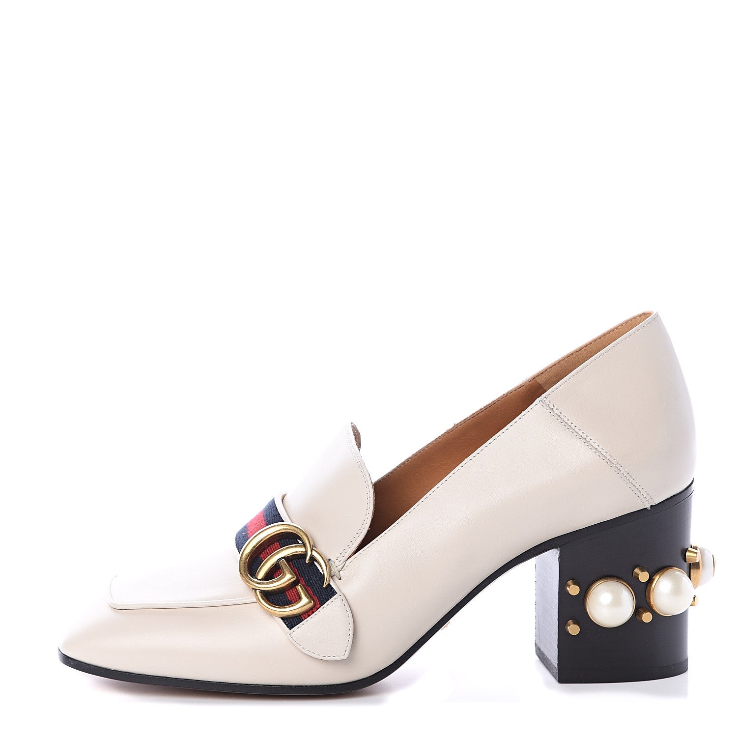 Gucci Betis Glamour Calfskin Web Pearl Embellished Peyton 75mm Loafer Pumps 39.5 Mystic White 1 of 7