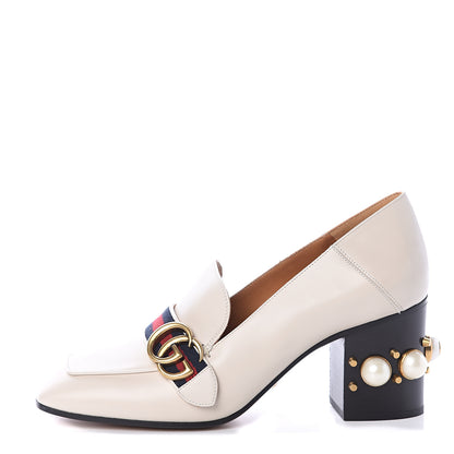 Gucci Betis Glamour Calfskin Web Pearl Embellished Peyton 75mm Loafer Pumps 39.5 Mystic White 1 of 7