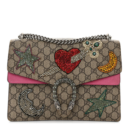 Gucci GG Supreme Monogram Suede Pierced Heart Embroidered Medium Dionysus Shoulder Bag Beige Ebony Pink Tropical Flower 1 of 18