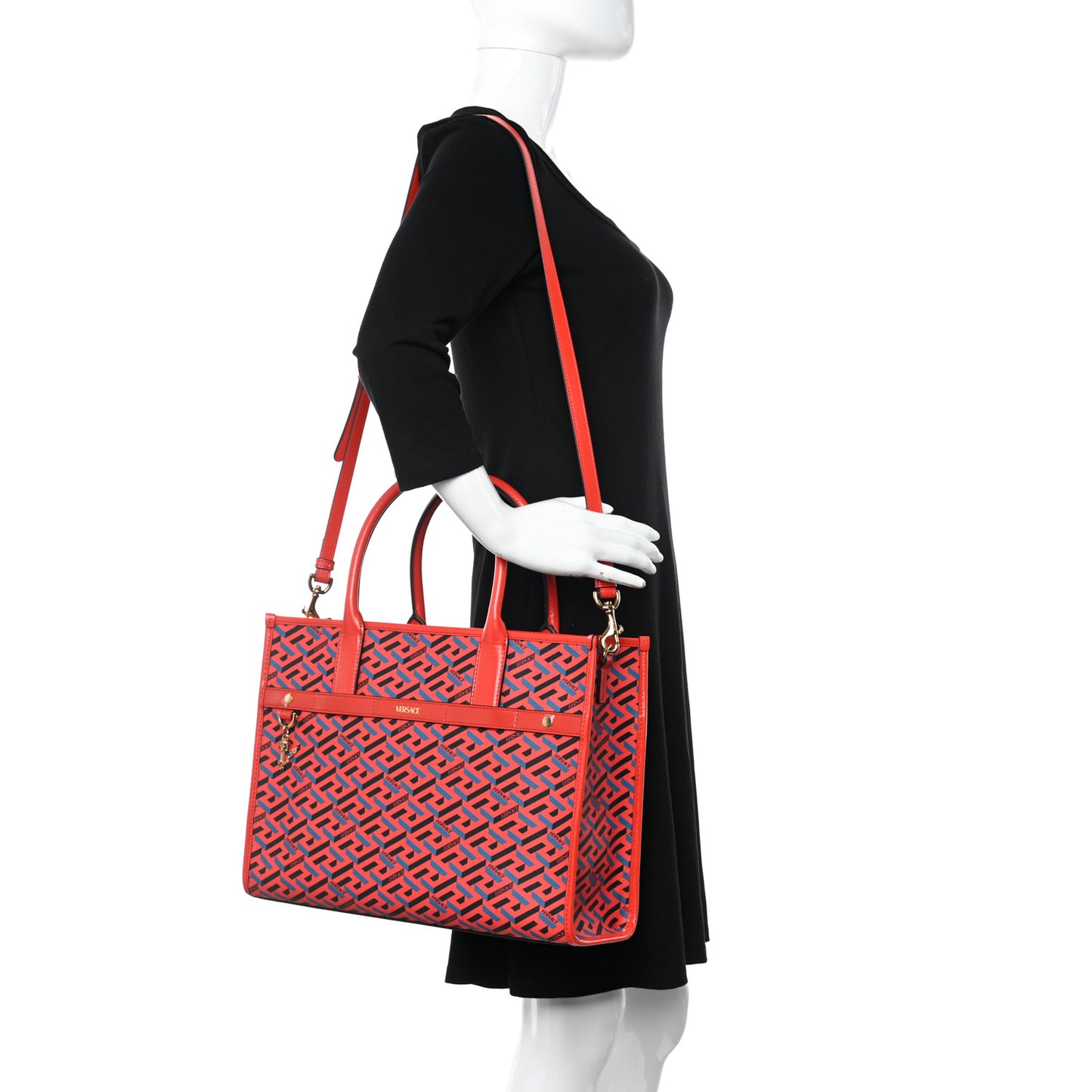 Coated Canvas Calfskin La Greca Signature Tote Bag Blue Red