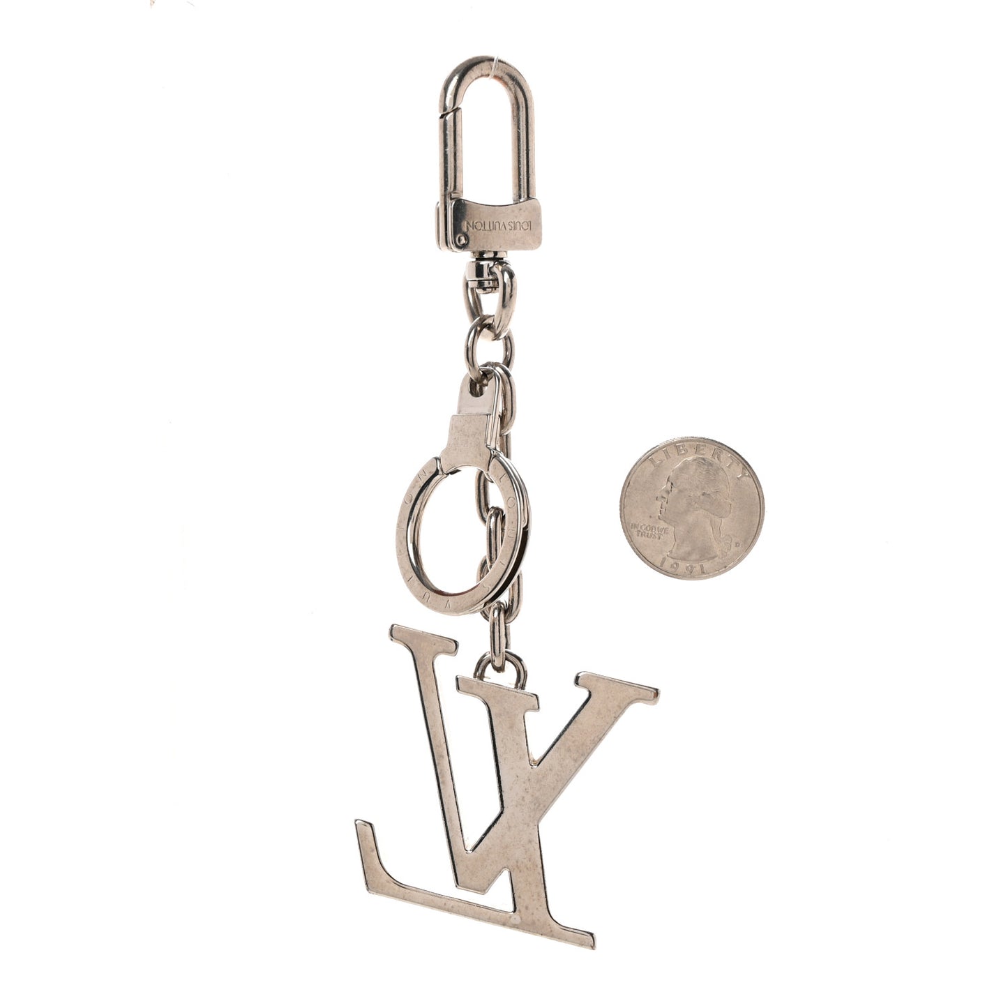 Metal Palladiium Finish LV Initiales Bag Charm Key Holder Silver