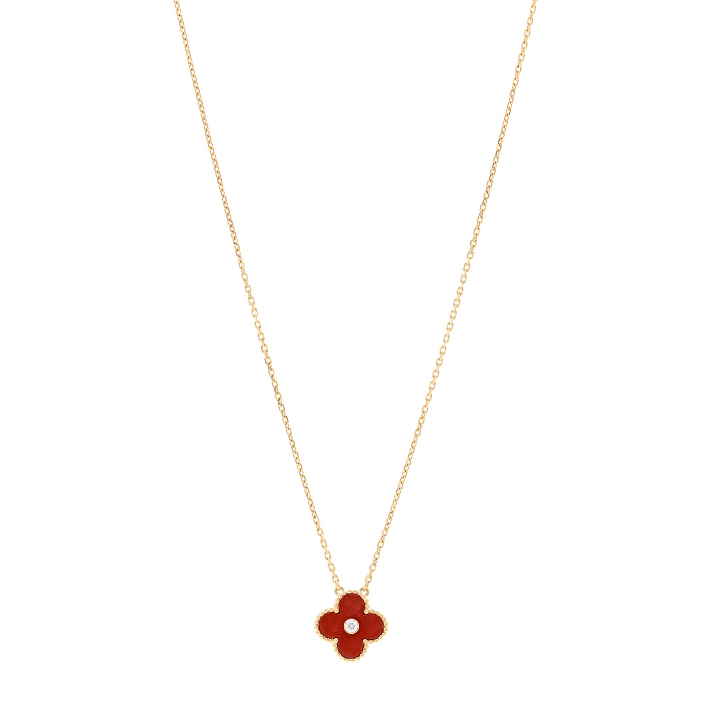 18K Yellow Gold Coral Diamond Vintage Alhambra Pendant Necklace