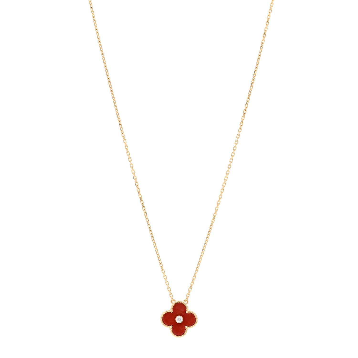 Van Cleef & Arpels 18K Yellow Gold Coral Diamond Vintage Alhambra Pendant Necklace 1 of 5