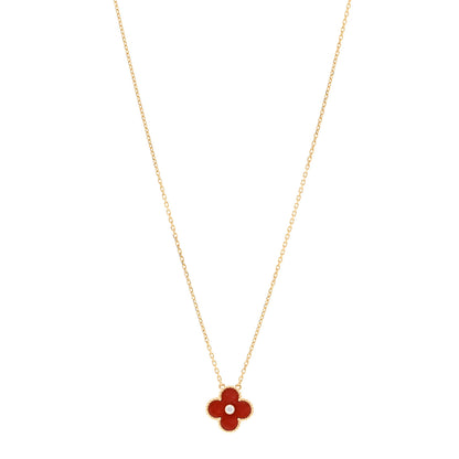 Van Cleef & Arpels 18K Yellow Gold Coral Diamond Vintage Alhambra Pendant Necklace 1 of 5