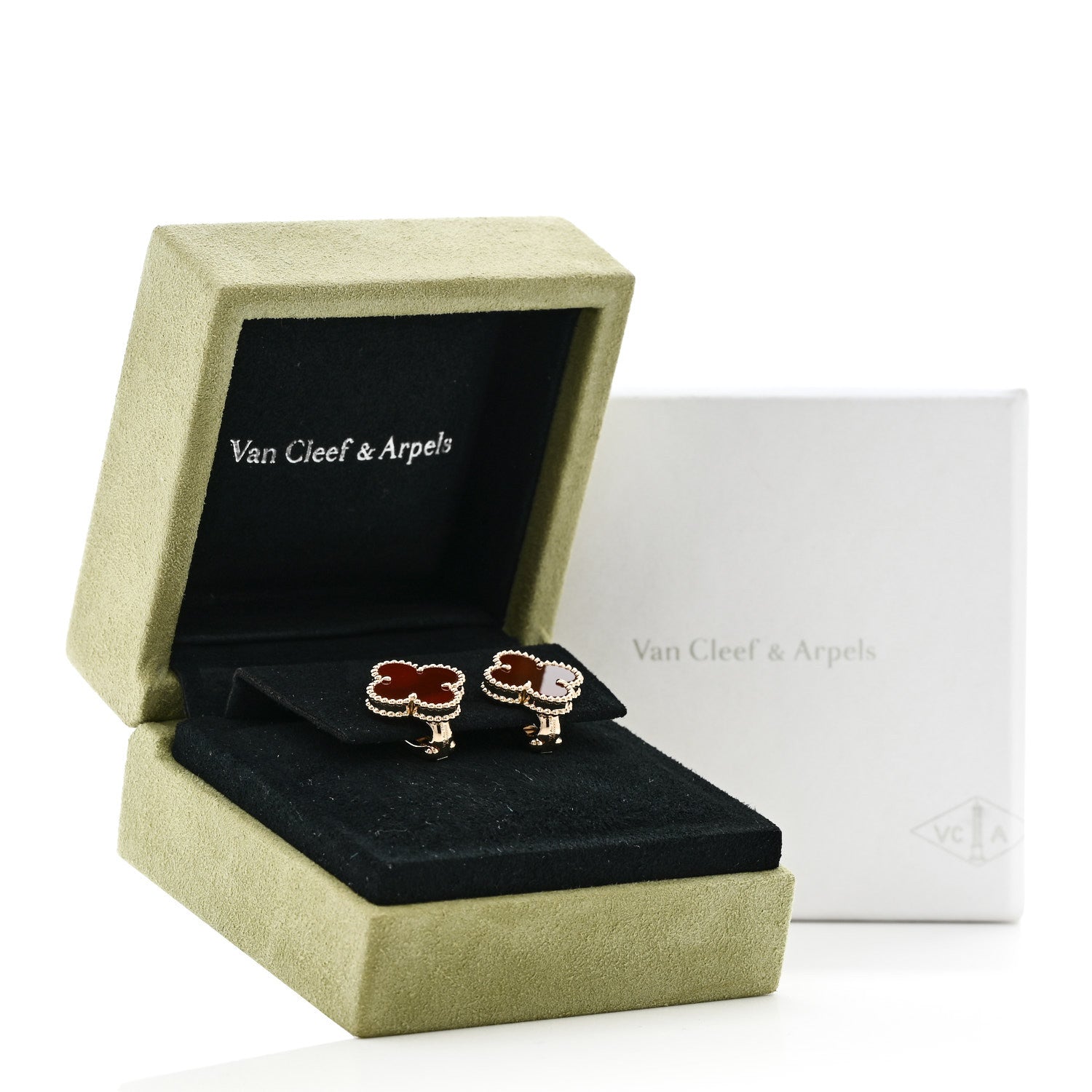 Van Cleef & Arpels 18K Yellow Gold Carnelian Vintage Alhambra Earrings 5 of 5