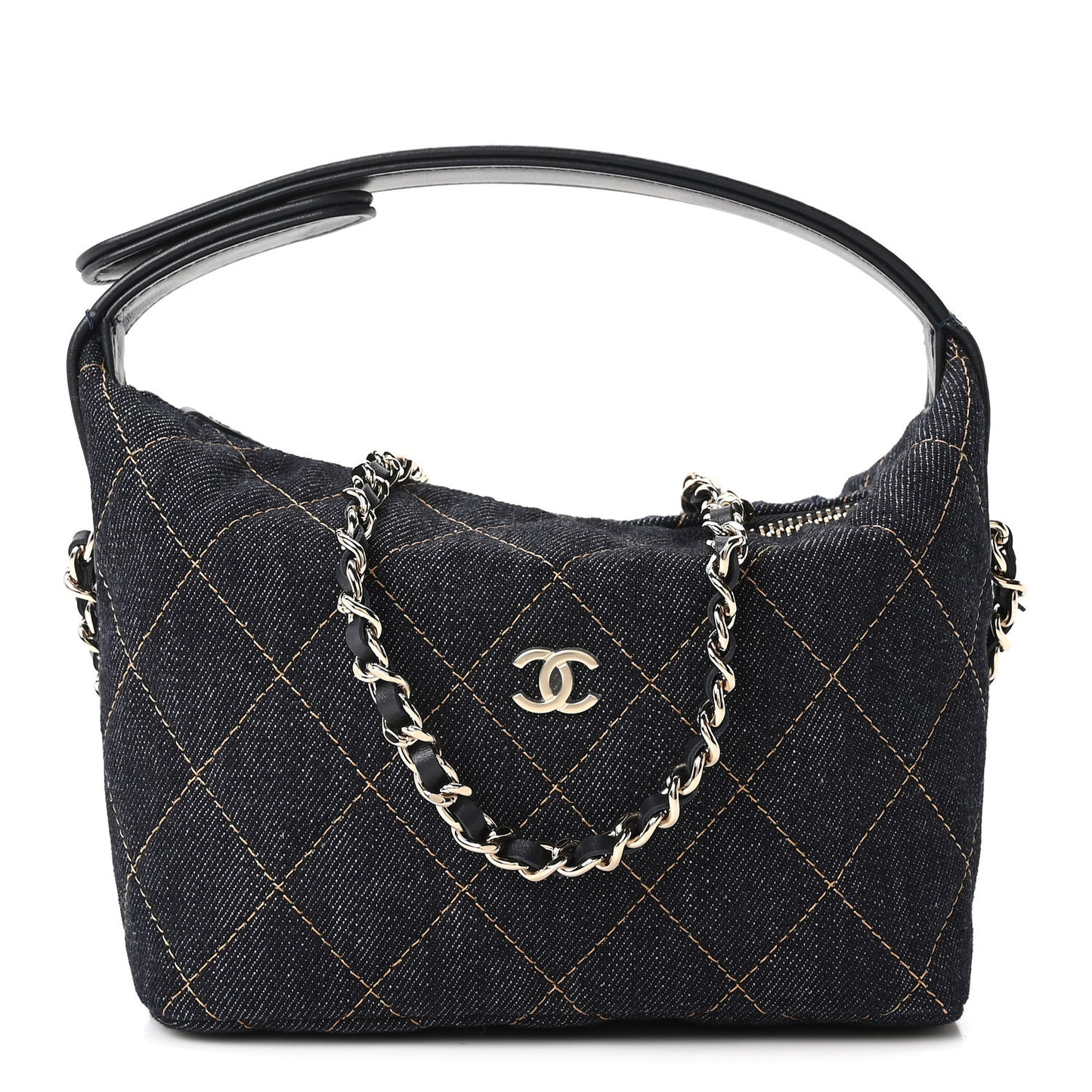 Denim Quilted Hobo Clutch With Chain Dark Blue Orange