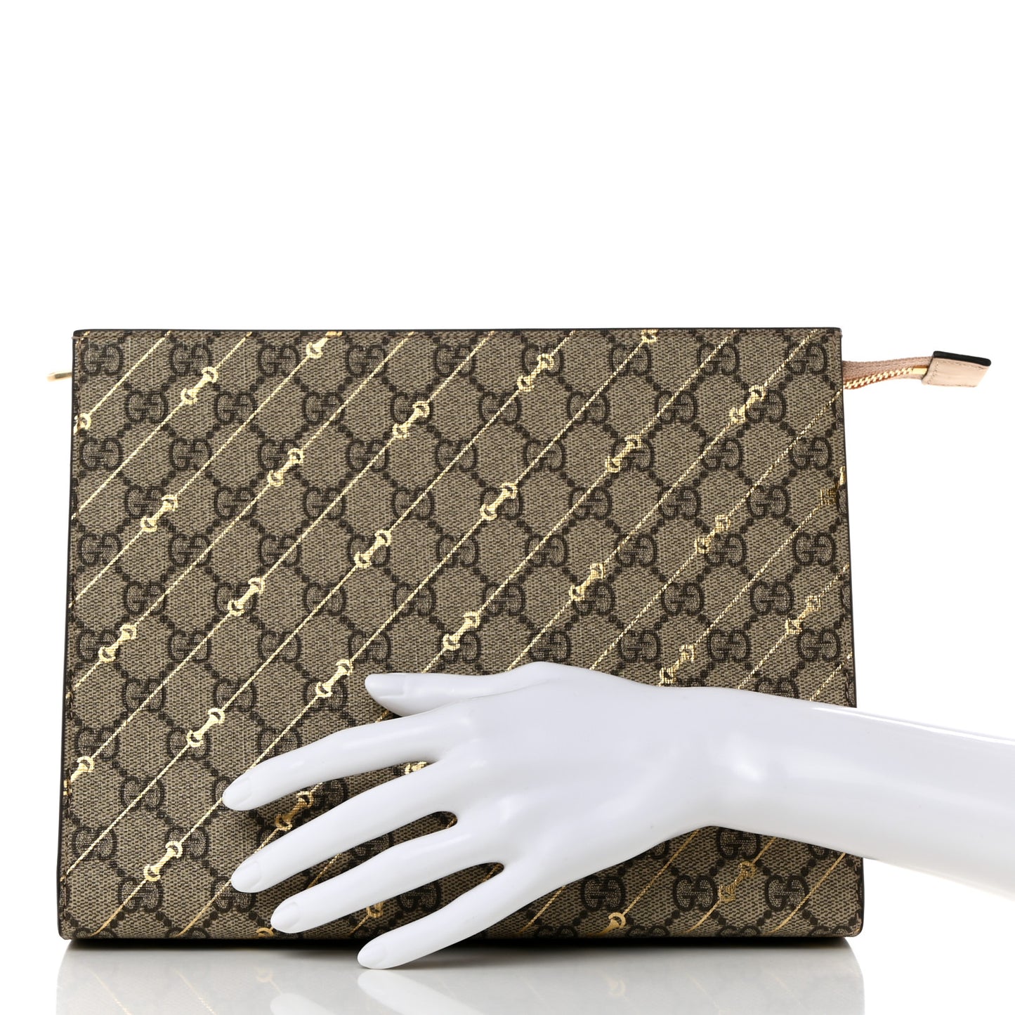 GG Supreme Monogram Calfskin Horsebit Print Zip Pouch Beige Ebony Light Pink