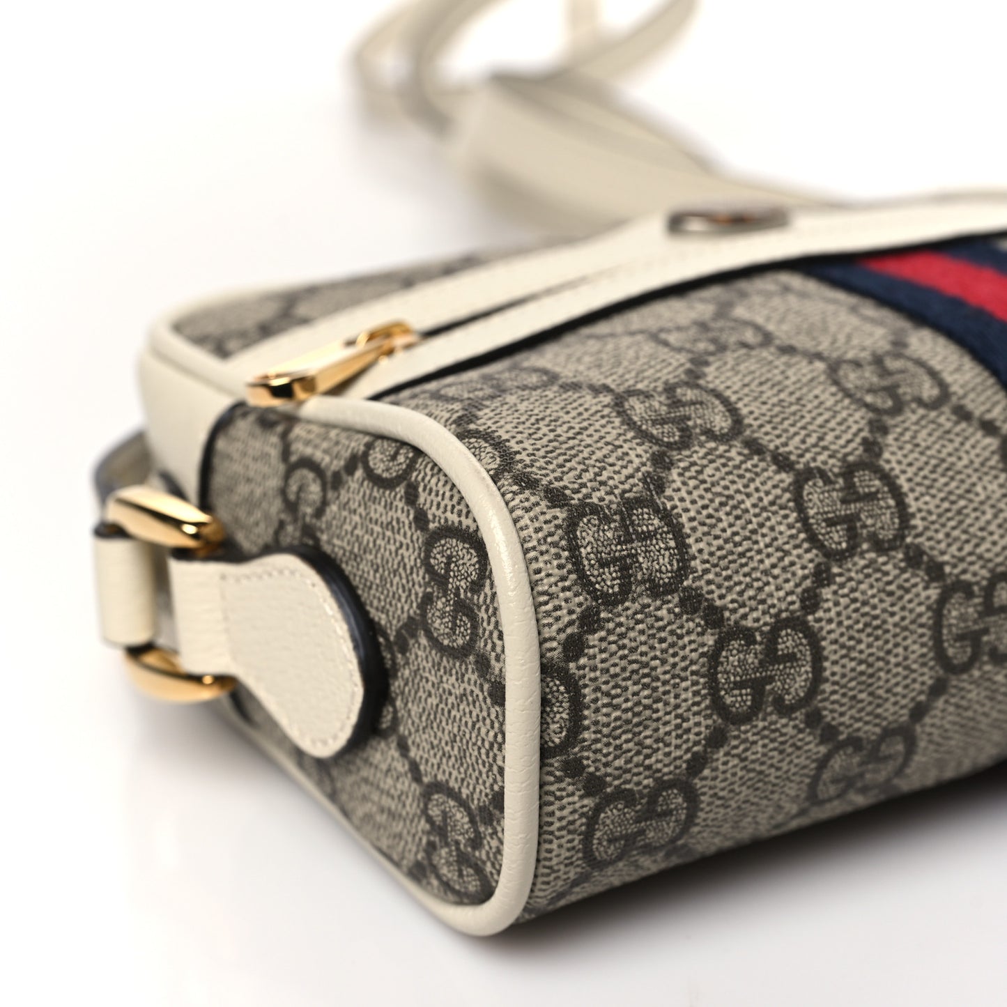 GG Supreme Monogram Textured Calfskin Web Mini Ophidia Shoulder Bag Beige Ebony Mystic White