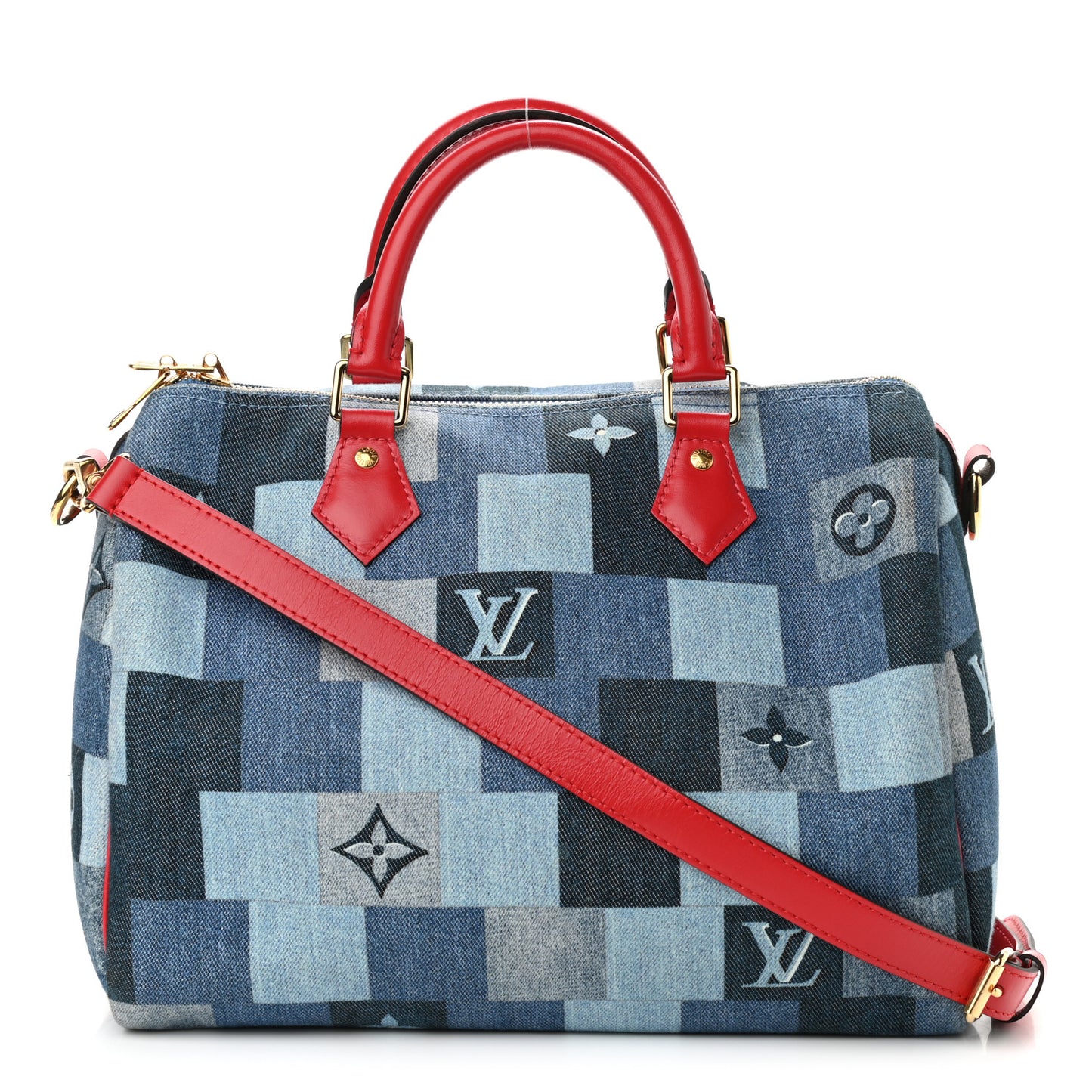 Denim Damier Monogram Patchwork Speedy Bandouliere 30 Blue Rouge