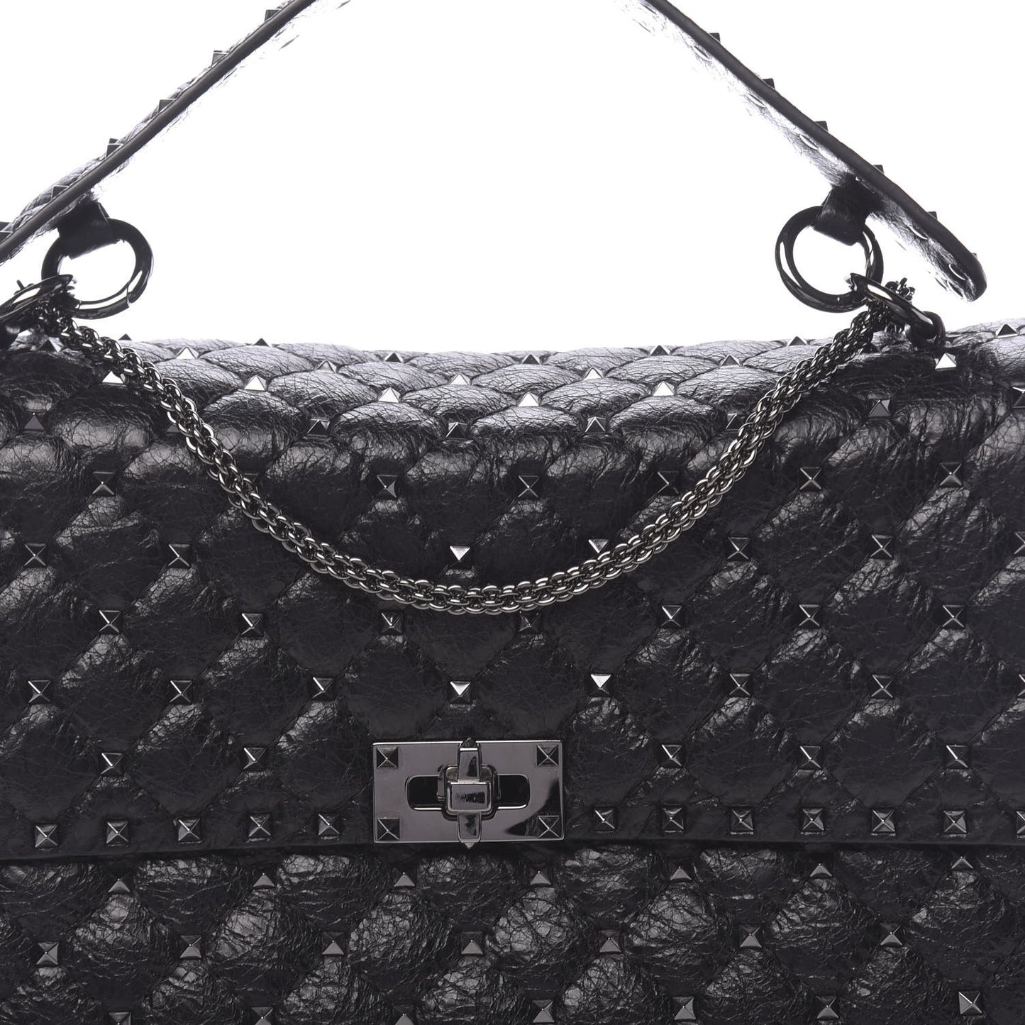 Craquele Nappa Large Rockstud Spike Shoulder Bag Black