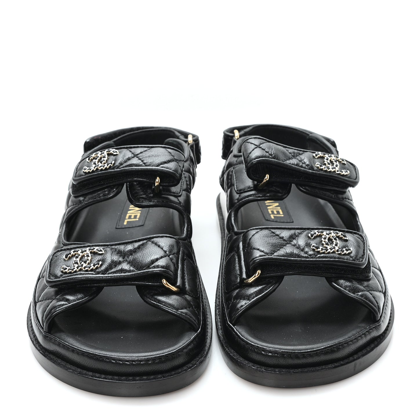 Lambskin Quilted Velcro Dad Chain CC Slide Sandals 36 Black