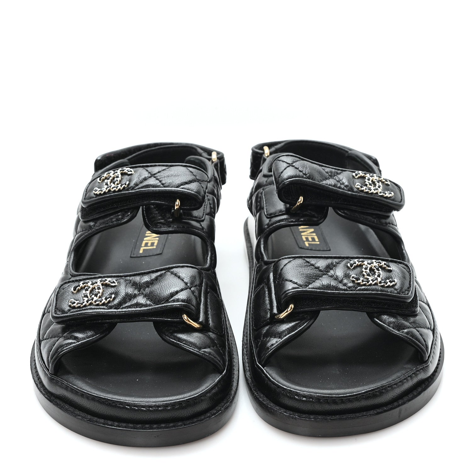 Chanel Lambskin Quilted Velcro Dad Chain CC Slide Sandals 36 Black 3 of 9