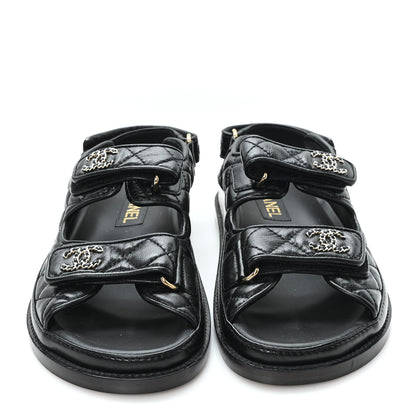 Chanel Lambskin Quilted Velcro Dad Chain CC Slide Sandals 36 Black 3 of 9