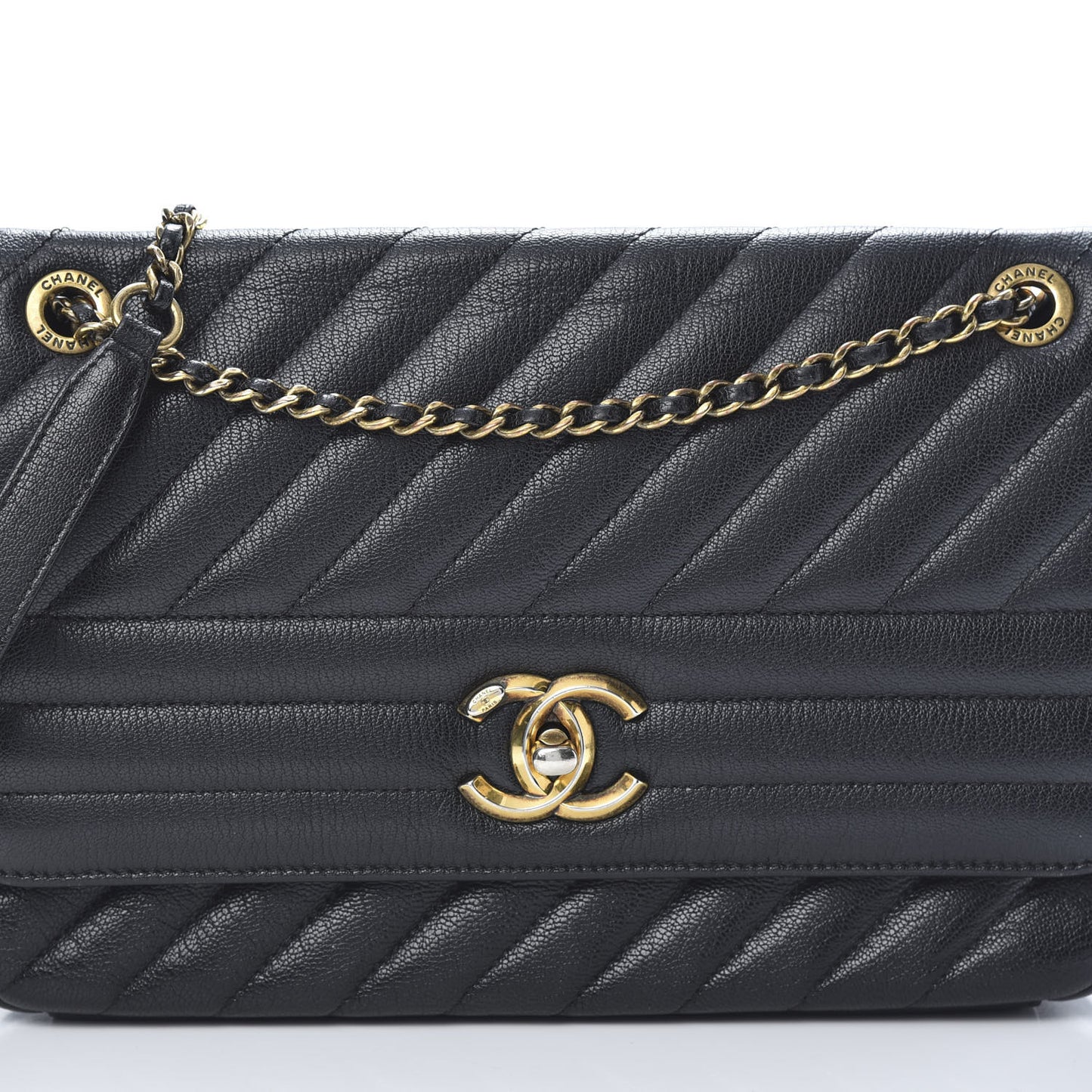 Shiny Goatskin Diagonal Quilted Small Flap Black