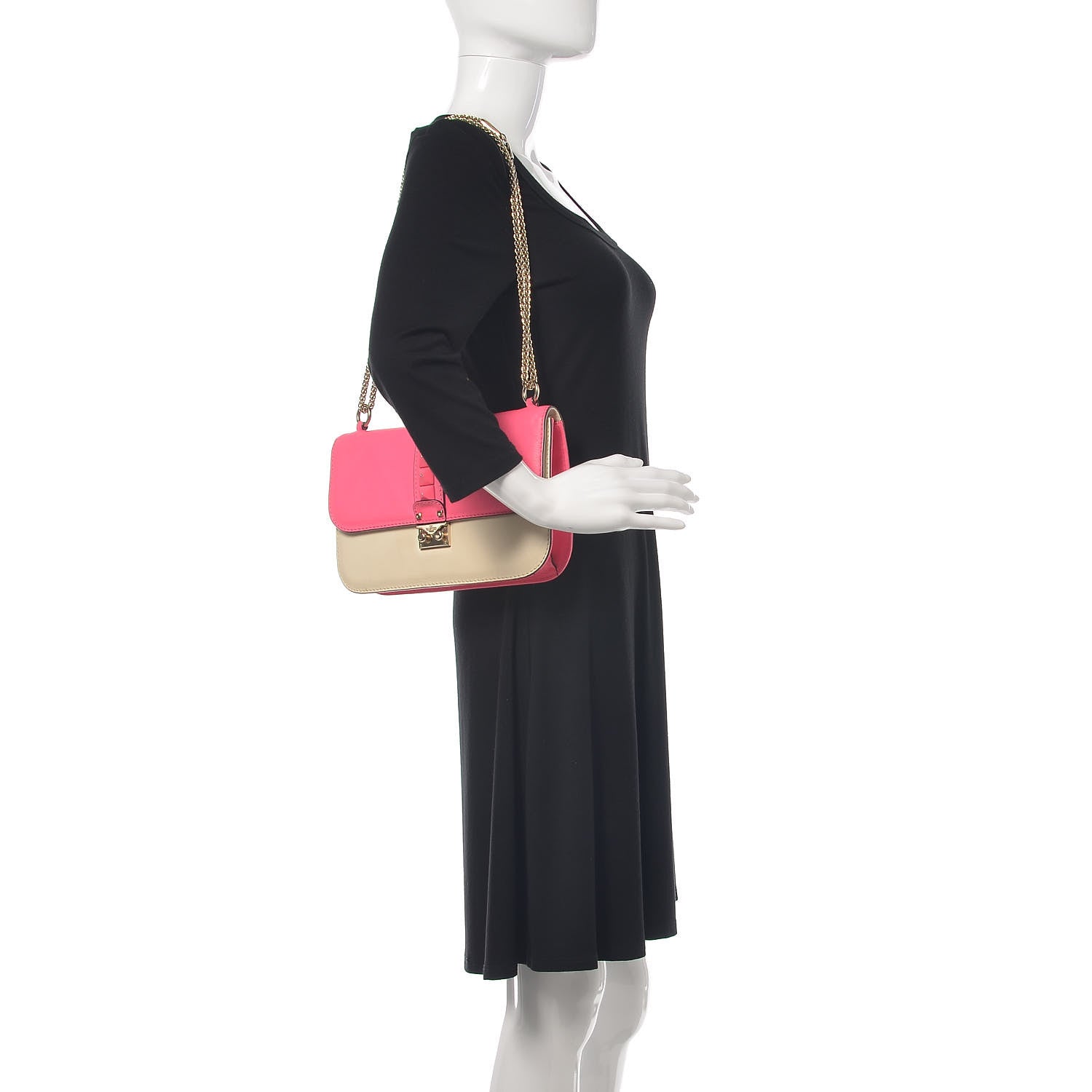 Valentino Garavani Vitello Bi-Color Large Glam Lock Rockstud Flap Fuxia Fluo Ivory 2 of 15