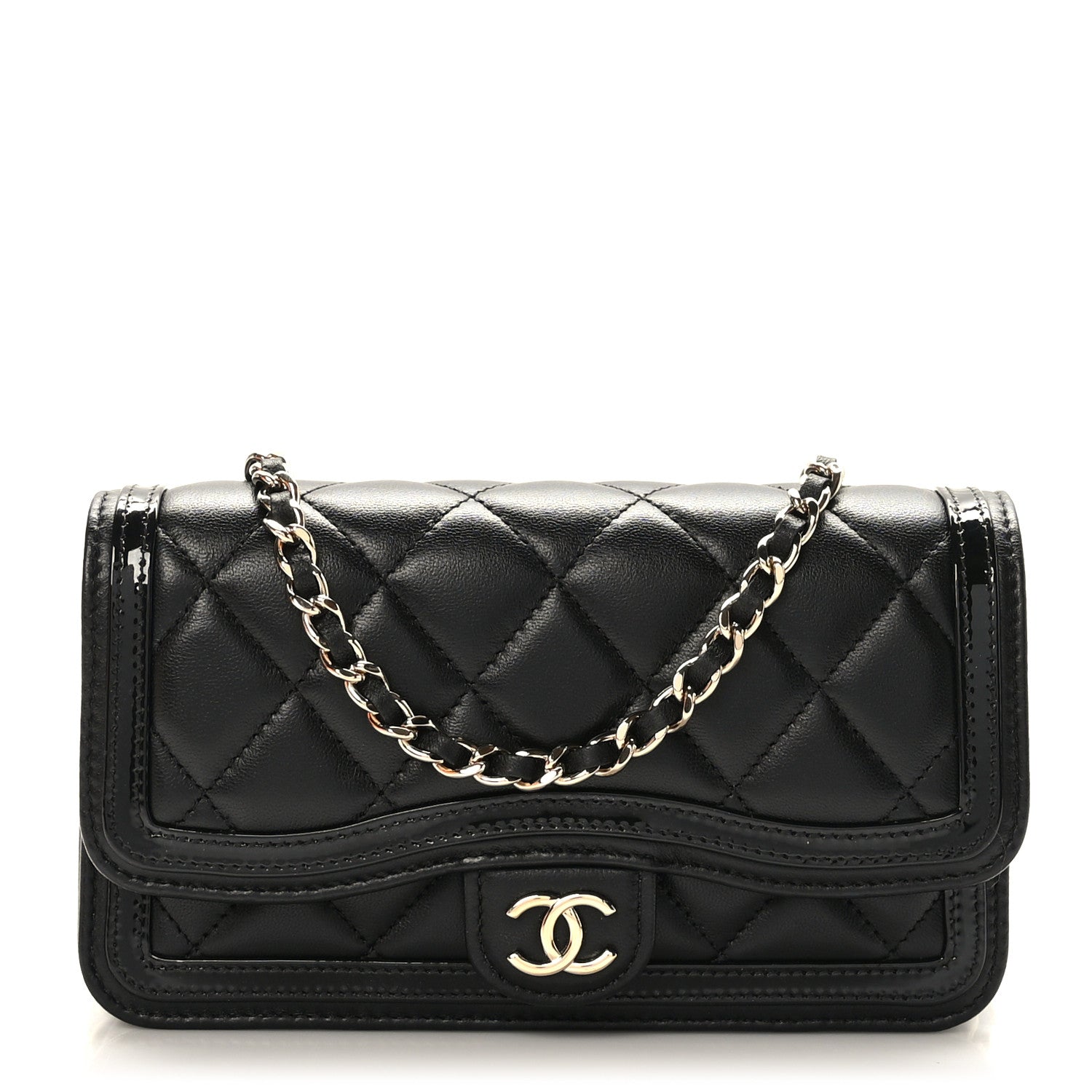Chanel Lambskin Patent Calfskin Quilted Flap Phone Holder With Chain Black 1 of 9