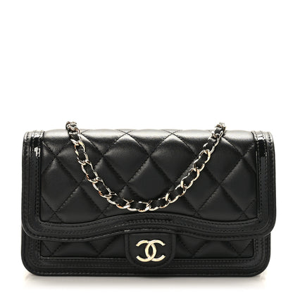 Chanel Lambskin Patent Calfskin Quilted Flap Phone Holder With Chain Black 1 of 9