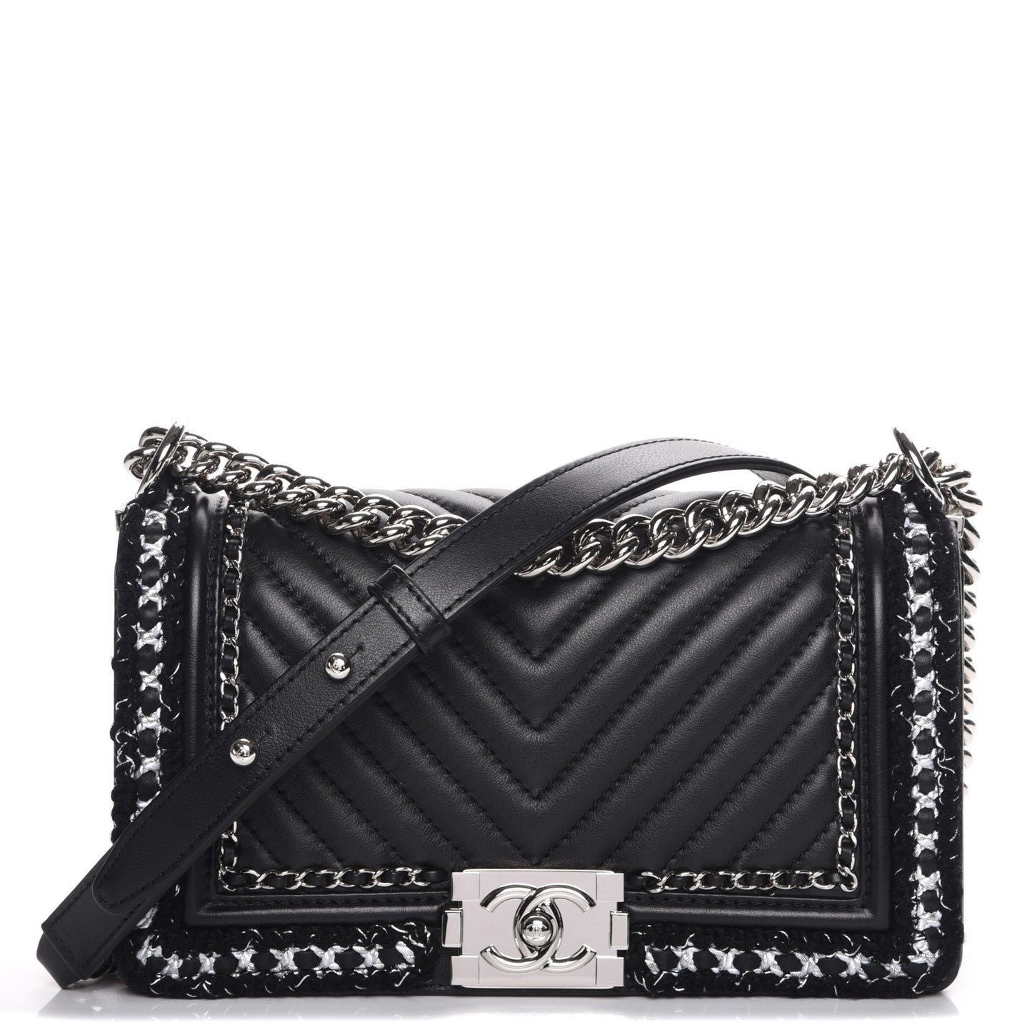 Calfskin Chevron Tweed Medium Boy Flap Black