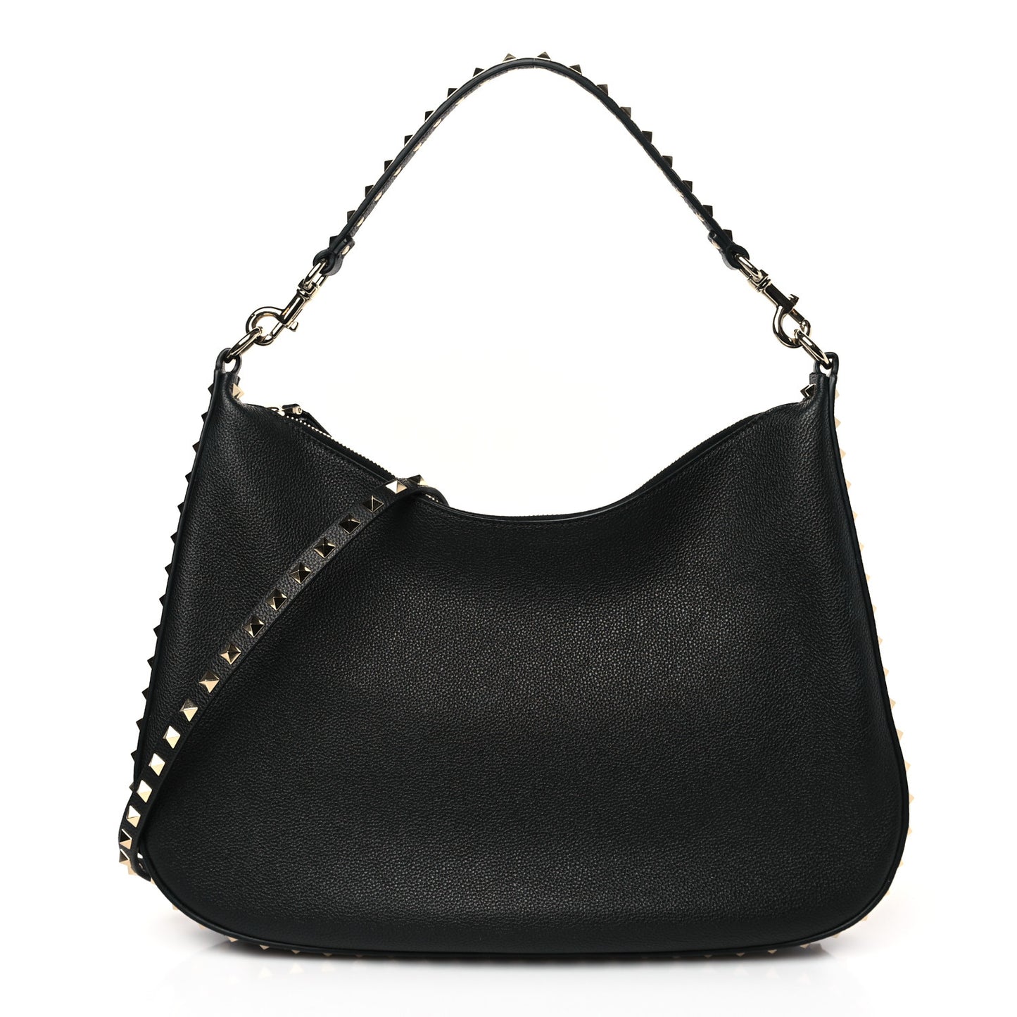 Grained Calfskin Rockstud Hobo Bag Black