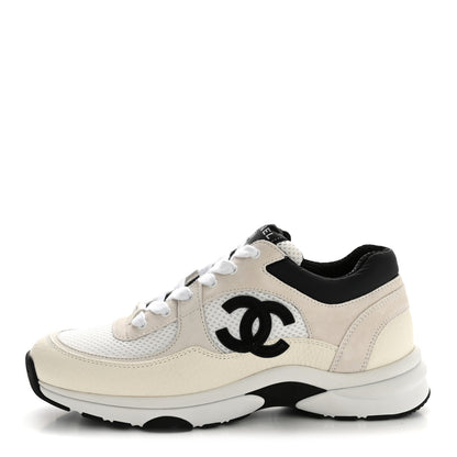 Chanel Mesh Suede Grained Calfskin Womens CC Sneakers 38.5 White Black 1 of 10