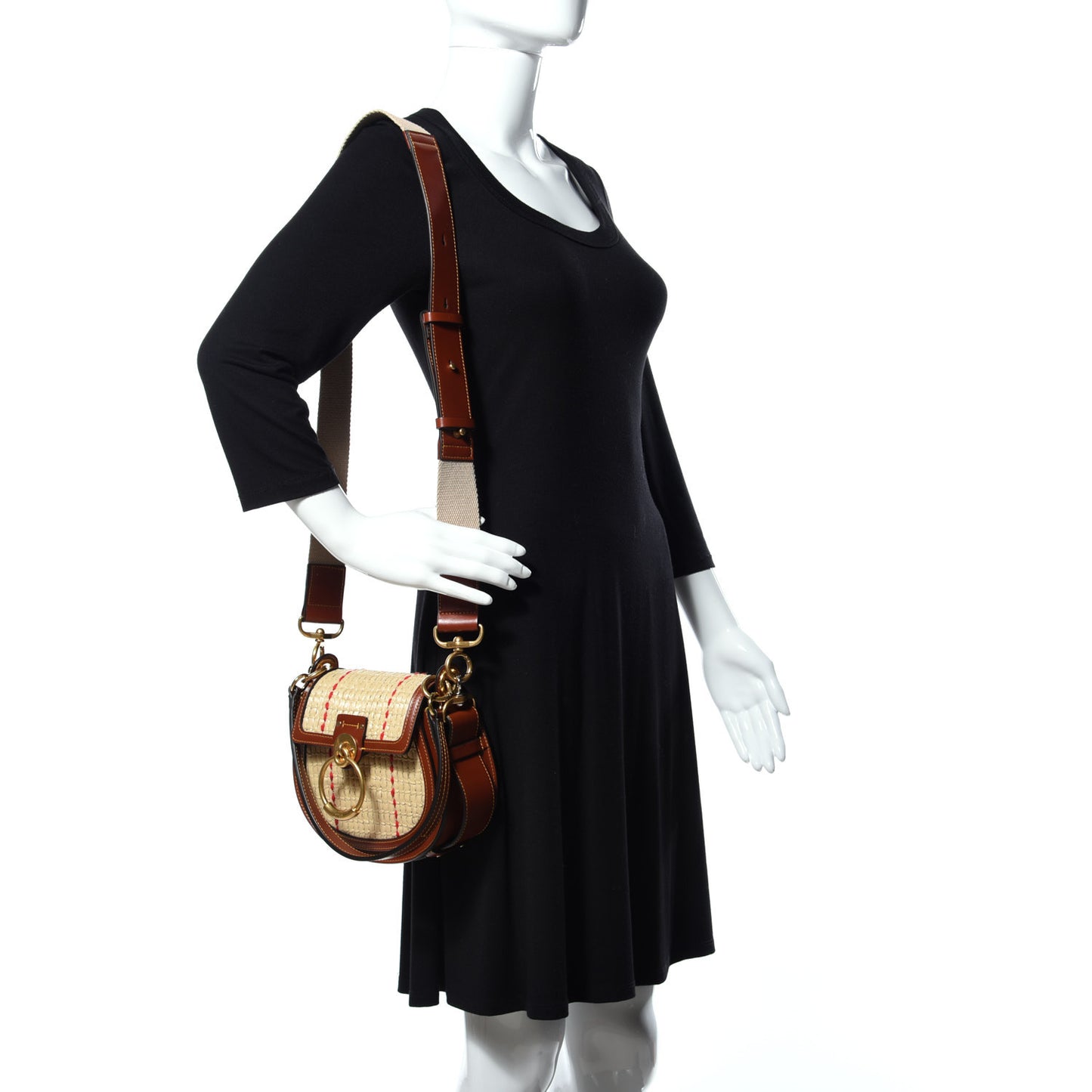 Calfskin Raffia Embroidered Small Tess Bag Sepia Brown