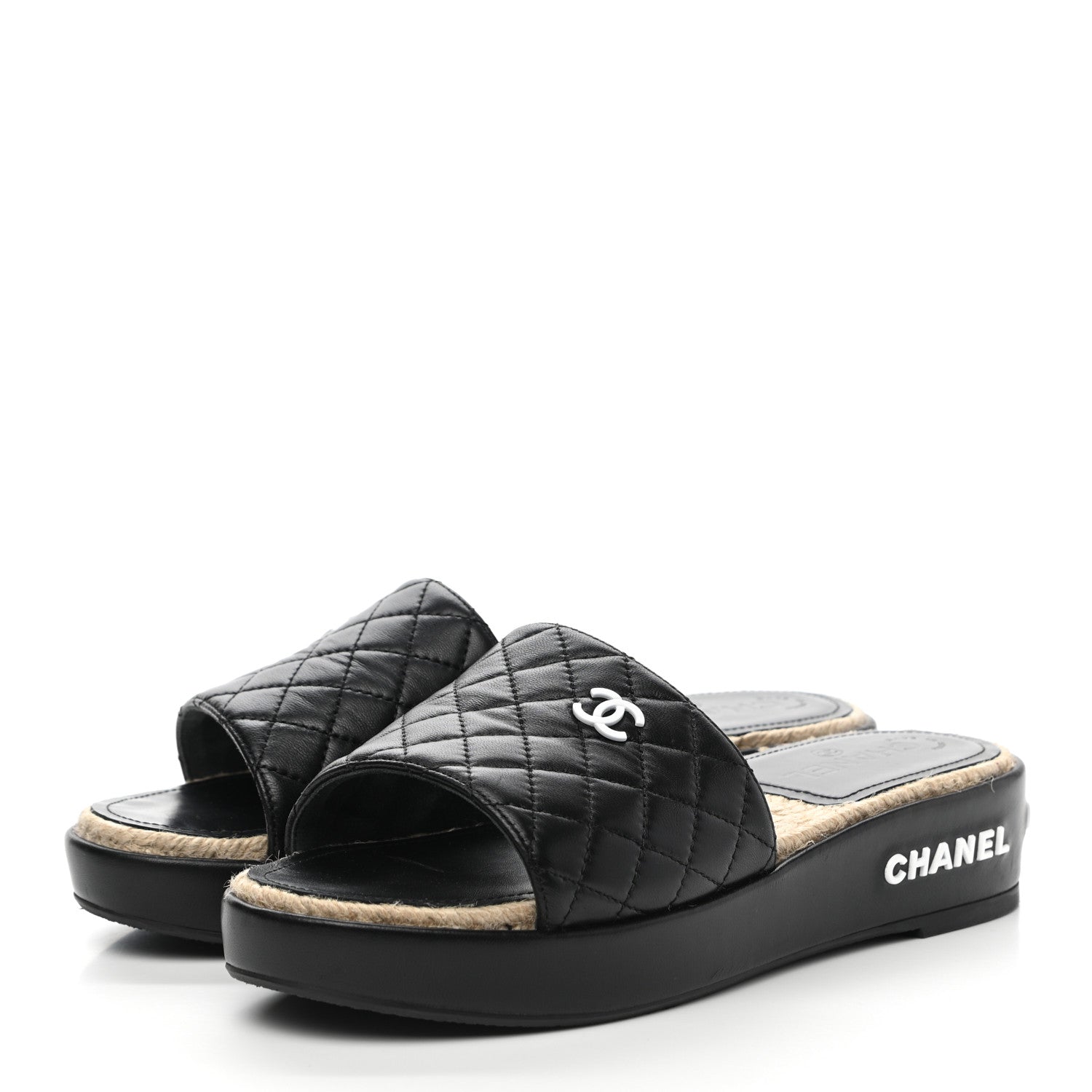 Chanel Lambskin Quilted CC Espadrille Slip On Sandals 40 Black 3 of 9