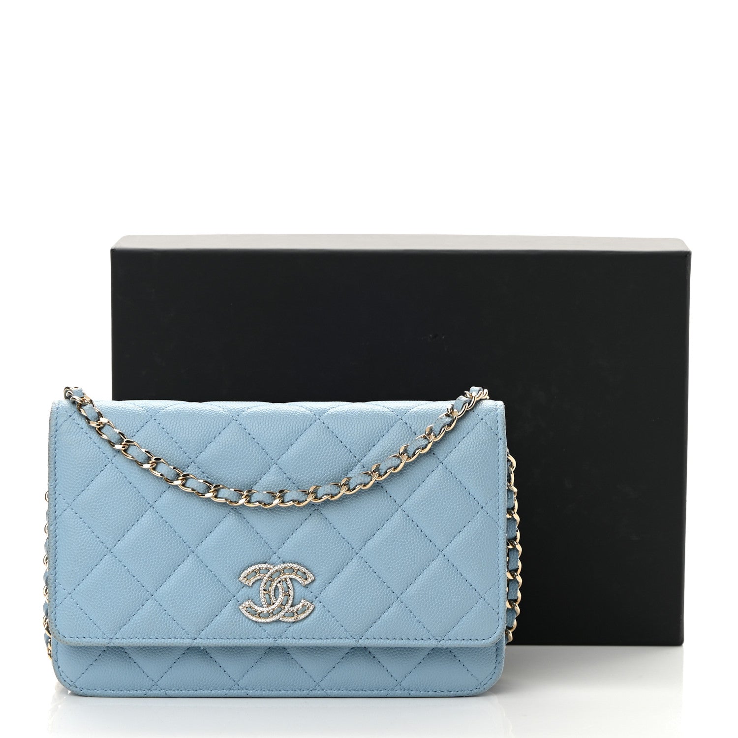 Chanel Caviar Quilted Crystal CC Wallet On Chain WOC Light Blue 17 of 17