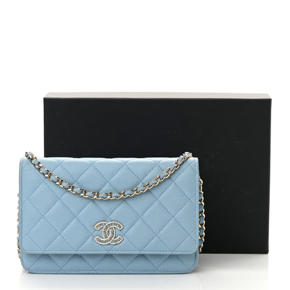 Chanel Caviar Quilted Crystal CC Wallet On Chain WOC Light Blue 17 of 17