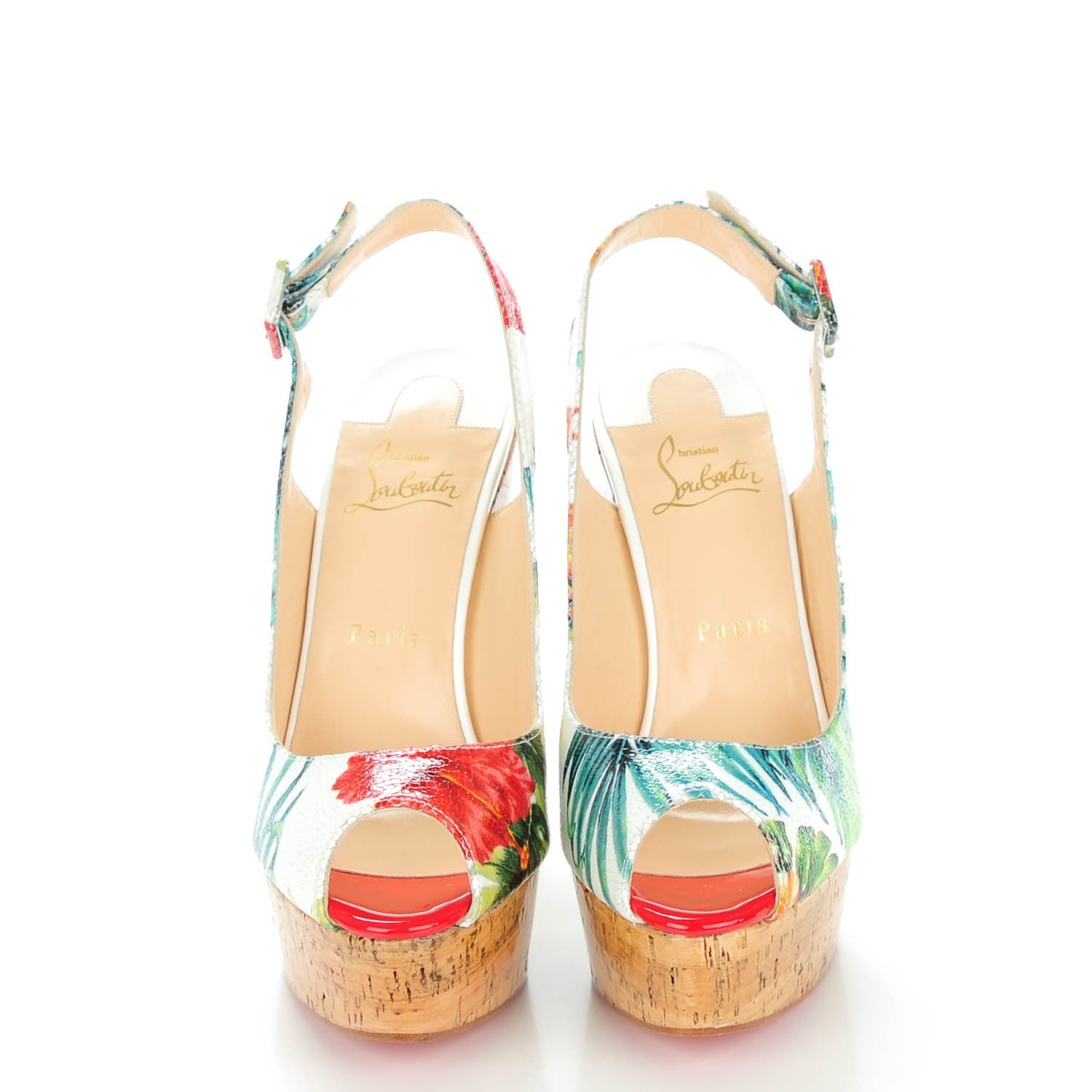 Christian Louboutin Crackled Calfskin Hawaii Print Une Plume Sling 140 Wedges 39 Version White 2 of 8