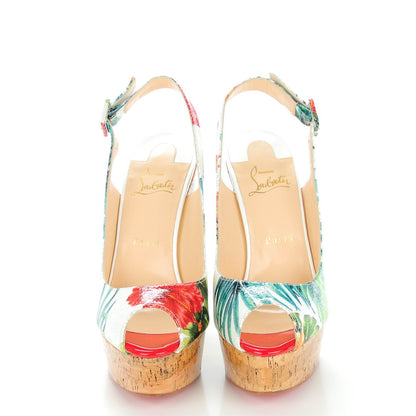 Christian Louboutin Crackled Calfskin Hawaii Print Une Plume Sling 140 Wedges 39 Version White 2 of 8